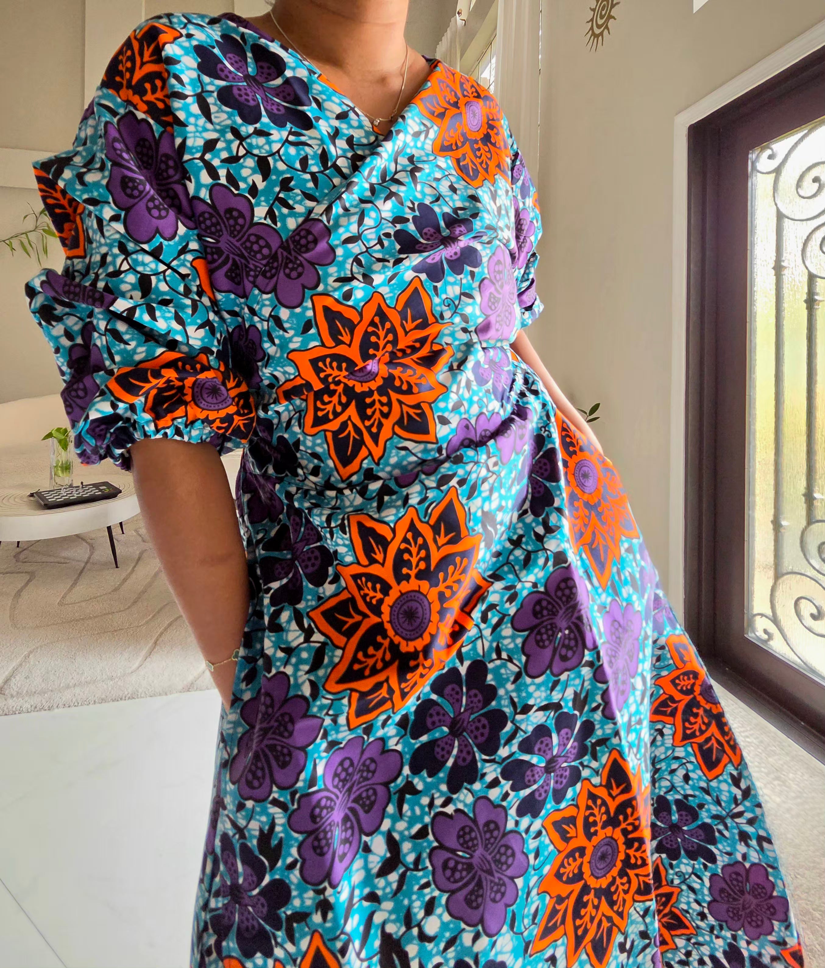 746 Wrap Dress With Puffed Sleeves Print 840