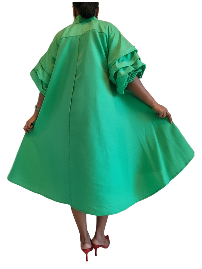 Swing Dress/ Faux Silk/ Ruffle Sleeve - 25013 Green