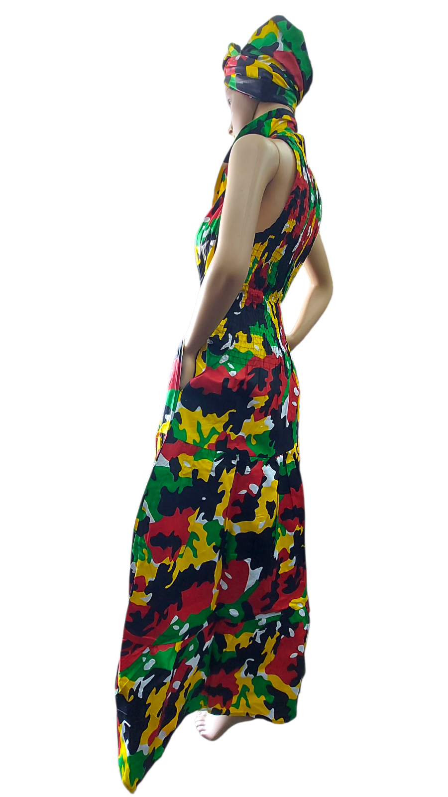 Smocked Halter Dress With Scarf Army Rasta - 3028L