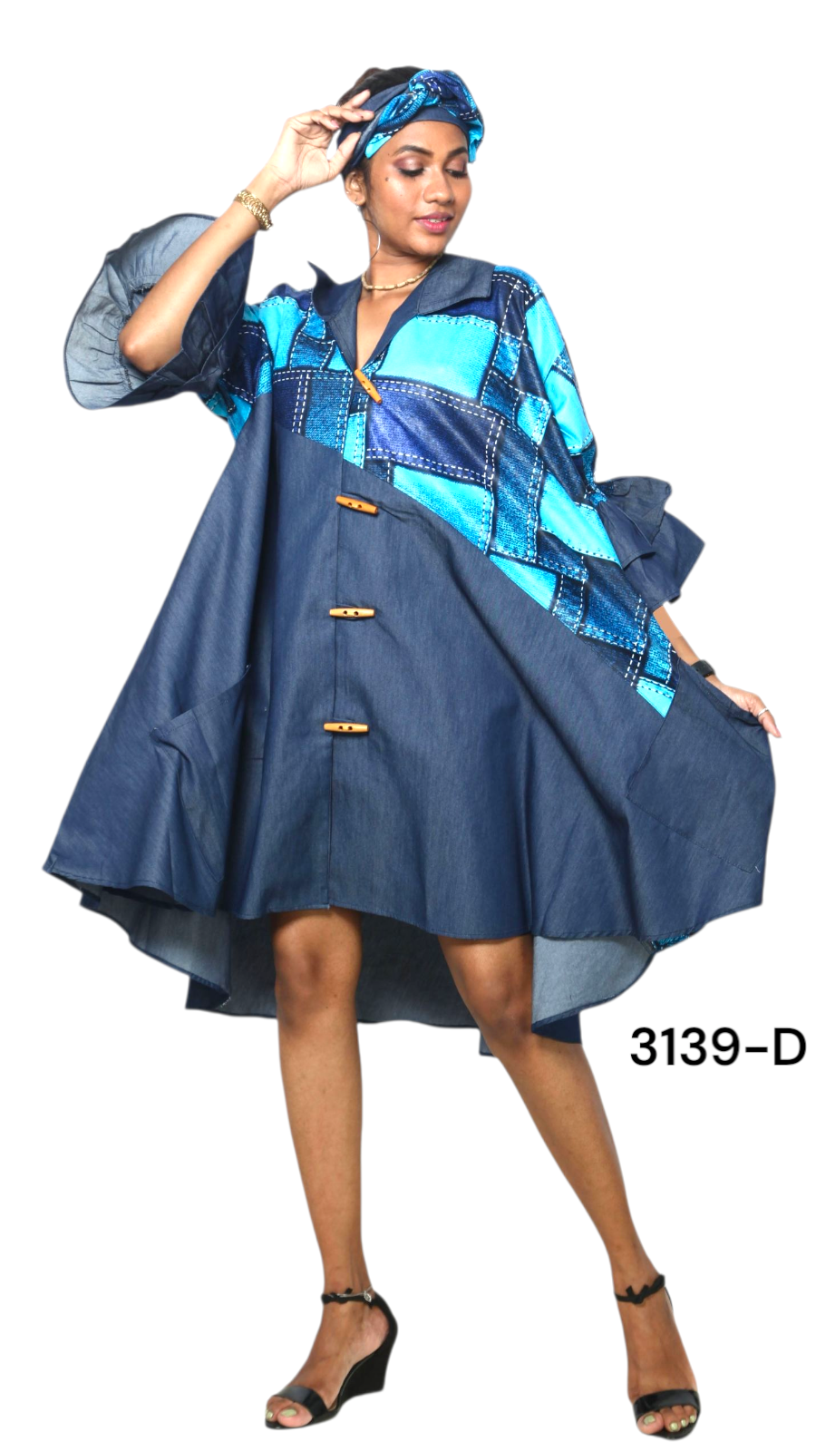 Denim Shirt Dress with Ankara African Print 3139-D