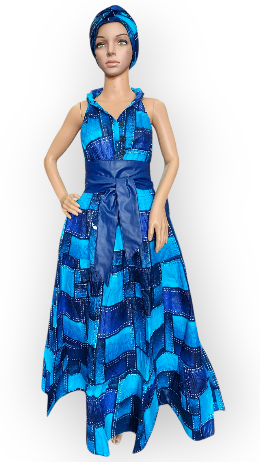 Smocked Halter Dress With Scarf Blue Patch- 3028L