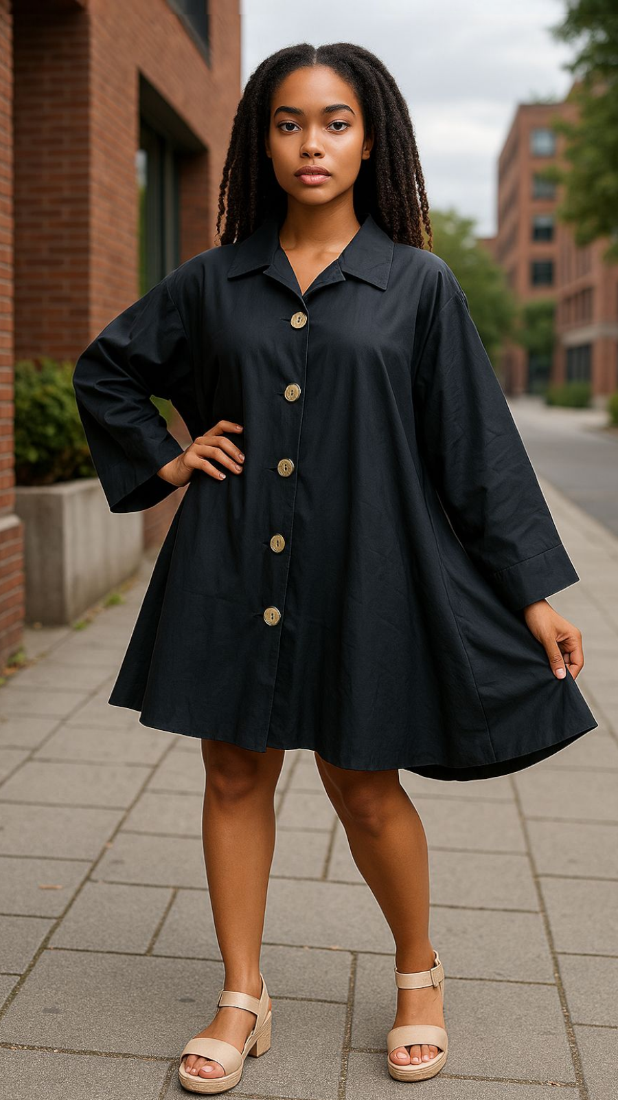 243 - Women  Mid Length Coat Dress / Blouse - Black