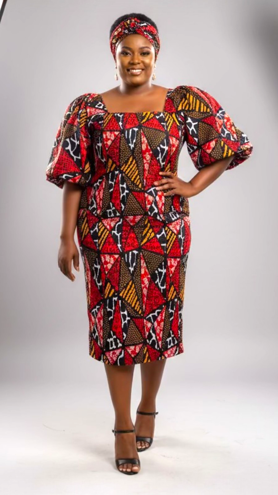 Fitted Smock Mid length Dress/ Puff Sleeve-KVZ35 Red Mosaic