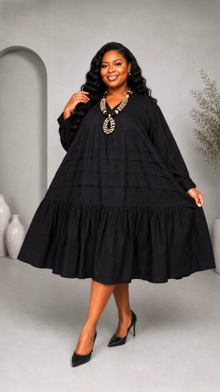 Tiered Midi Dress Black -7580