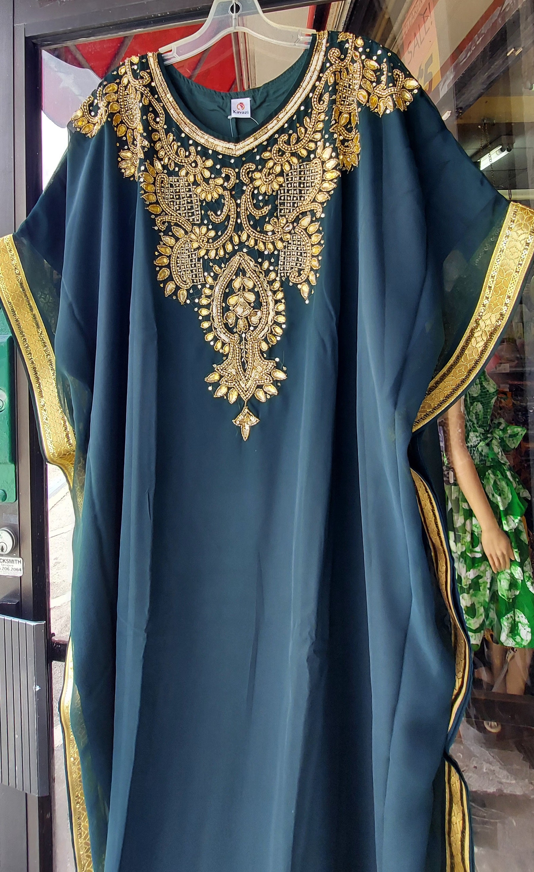 Beaded kaftan Dress With Gold Border Forest Green 103