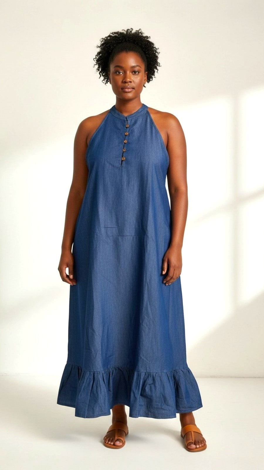 Haltered Neck Button Long Dress 795 Dark Denim