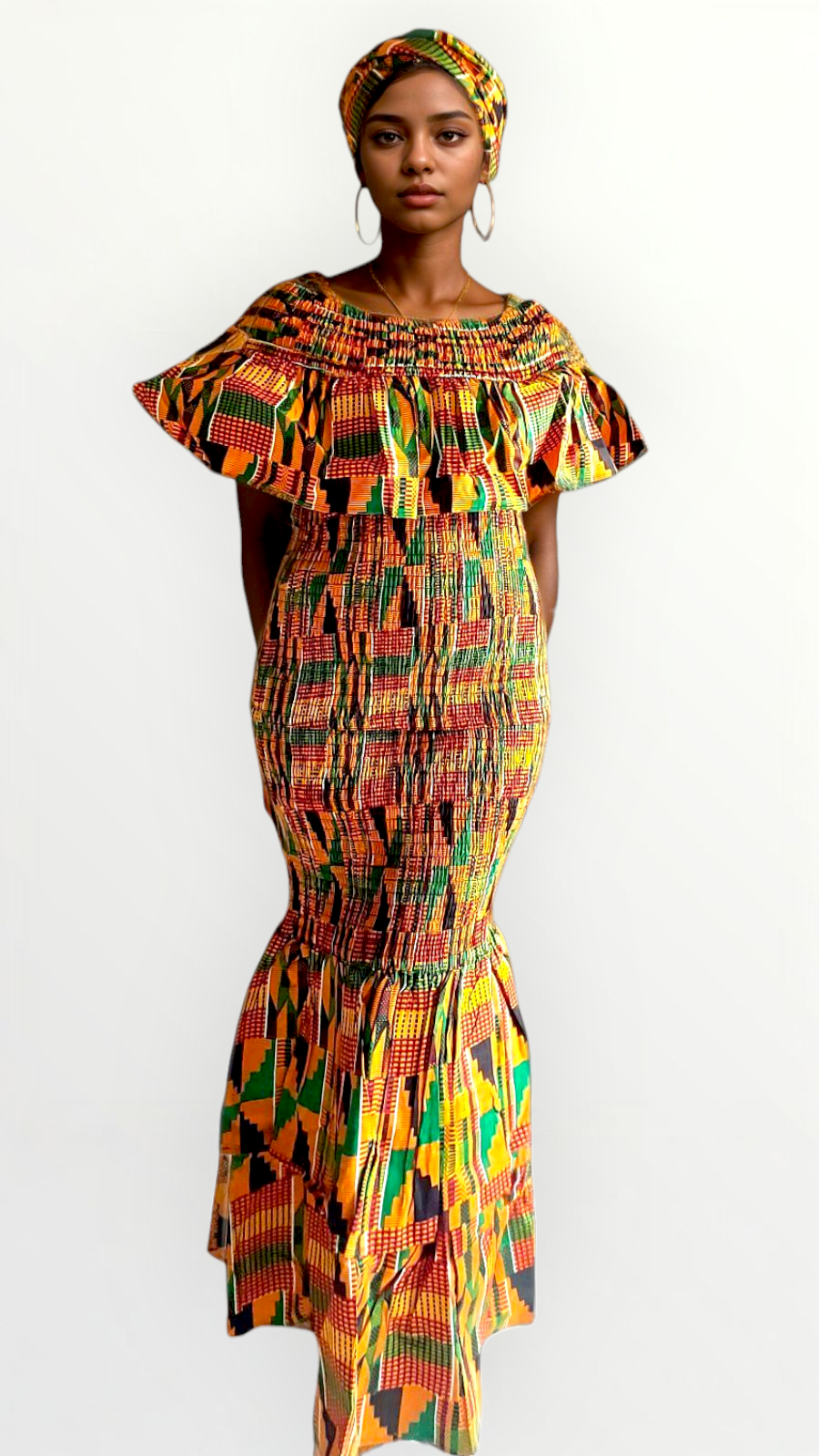 Smocked fitted & flare Skirt & Blouse Set-DRS019 Kente