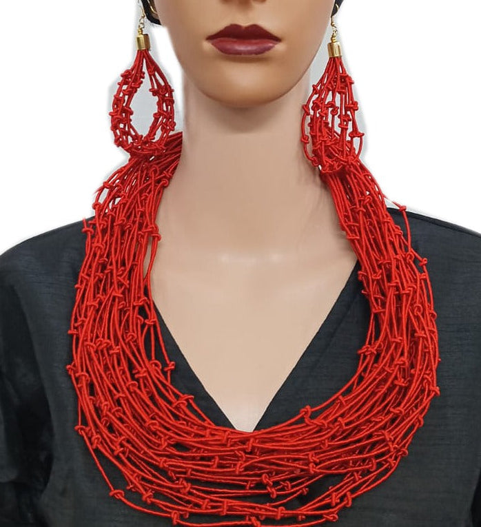 Rope Layered Knot Necklace & Earrings Set Red