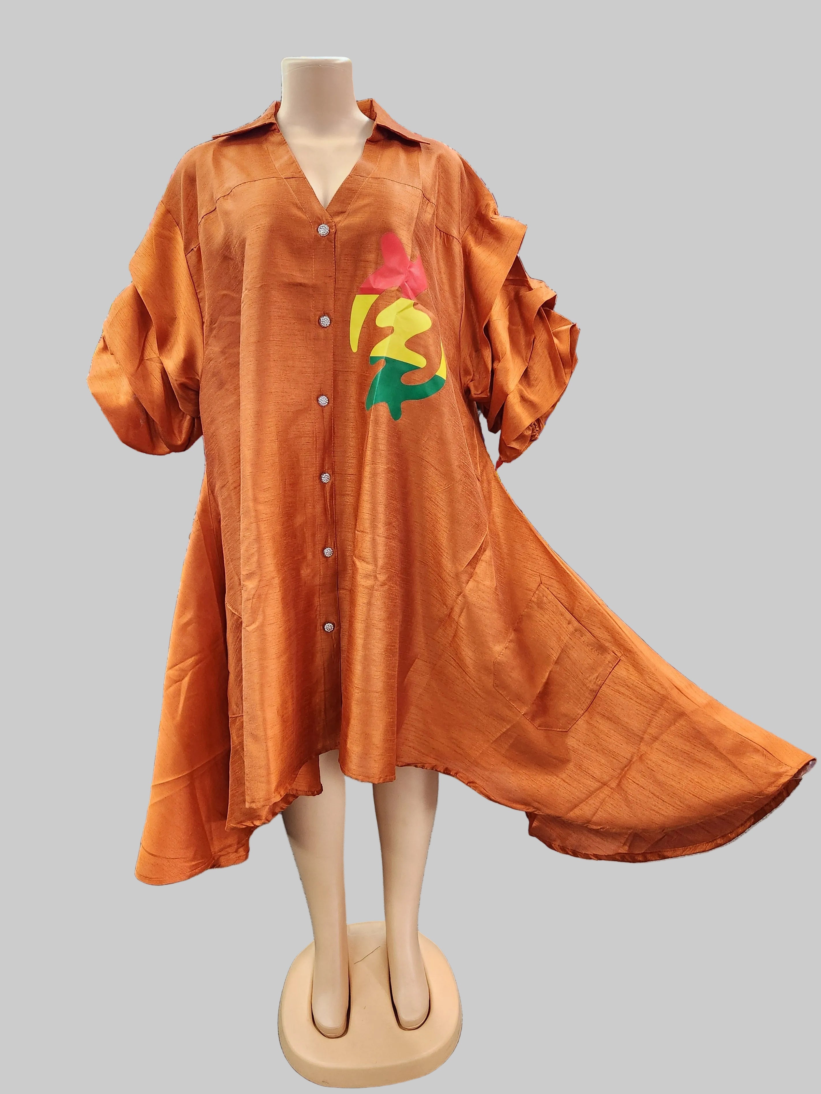 Swing Dress/ Faux Silk/ Ruffle Sleeve With Gyname Decal 758G Rust Orange
