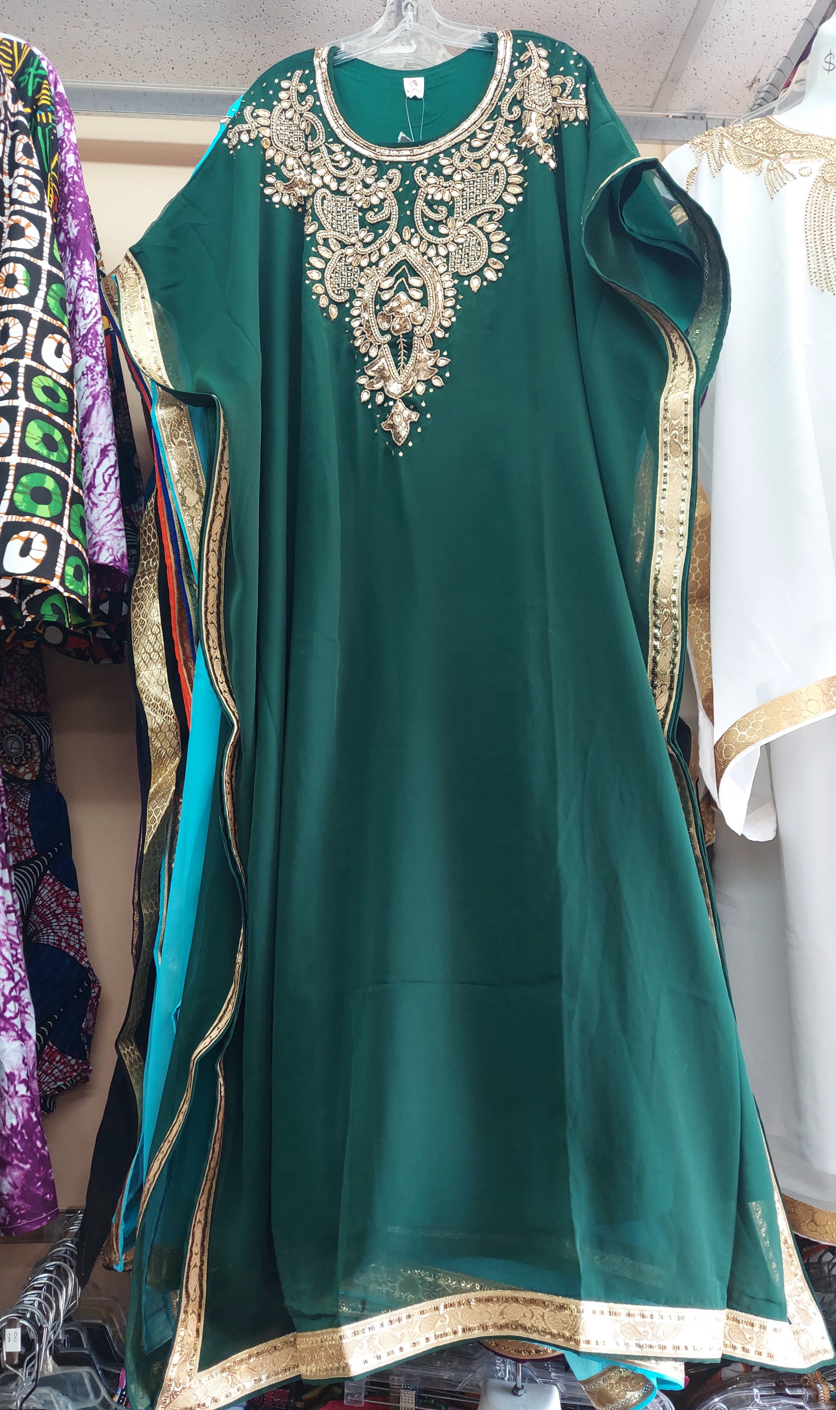 Beaded kaftan Dress With Gold Border Forest Green
