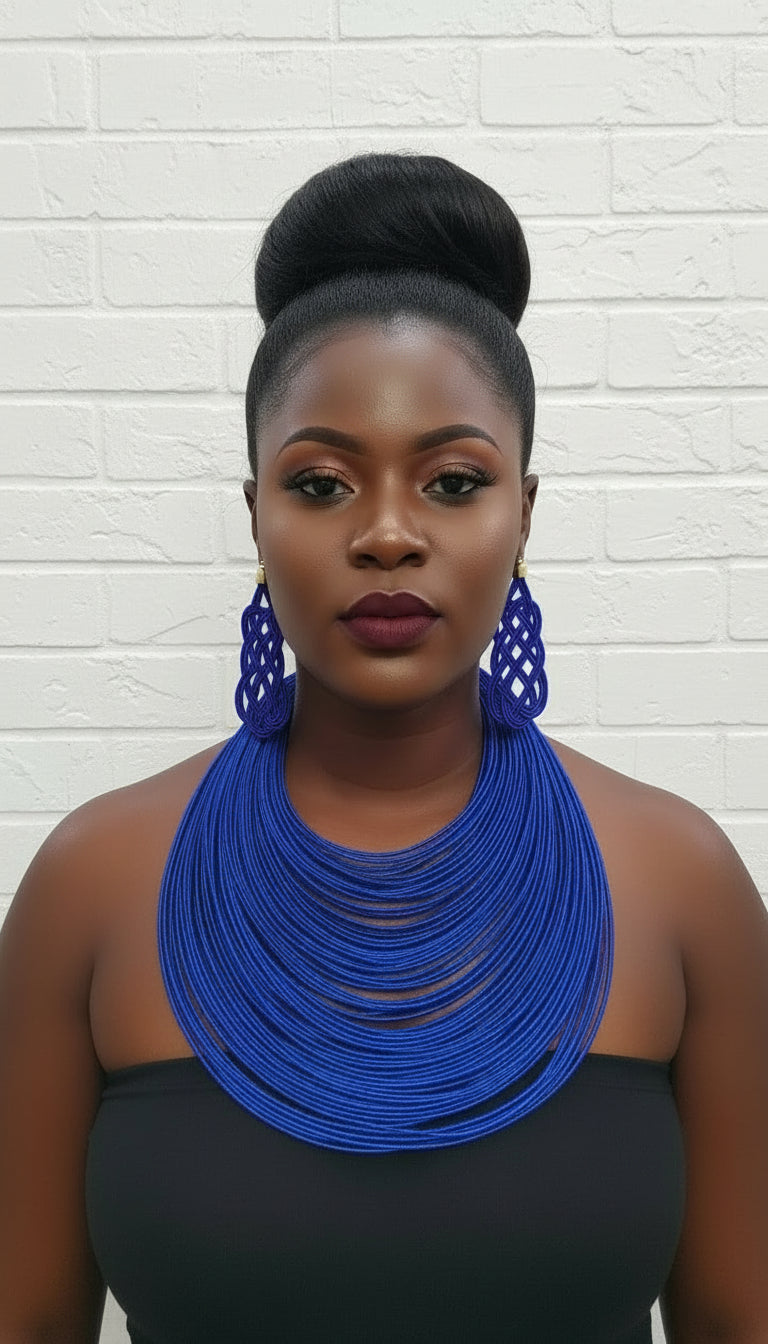 Rope Layered Necklace & Earrings Set Royal Blue