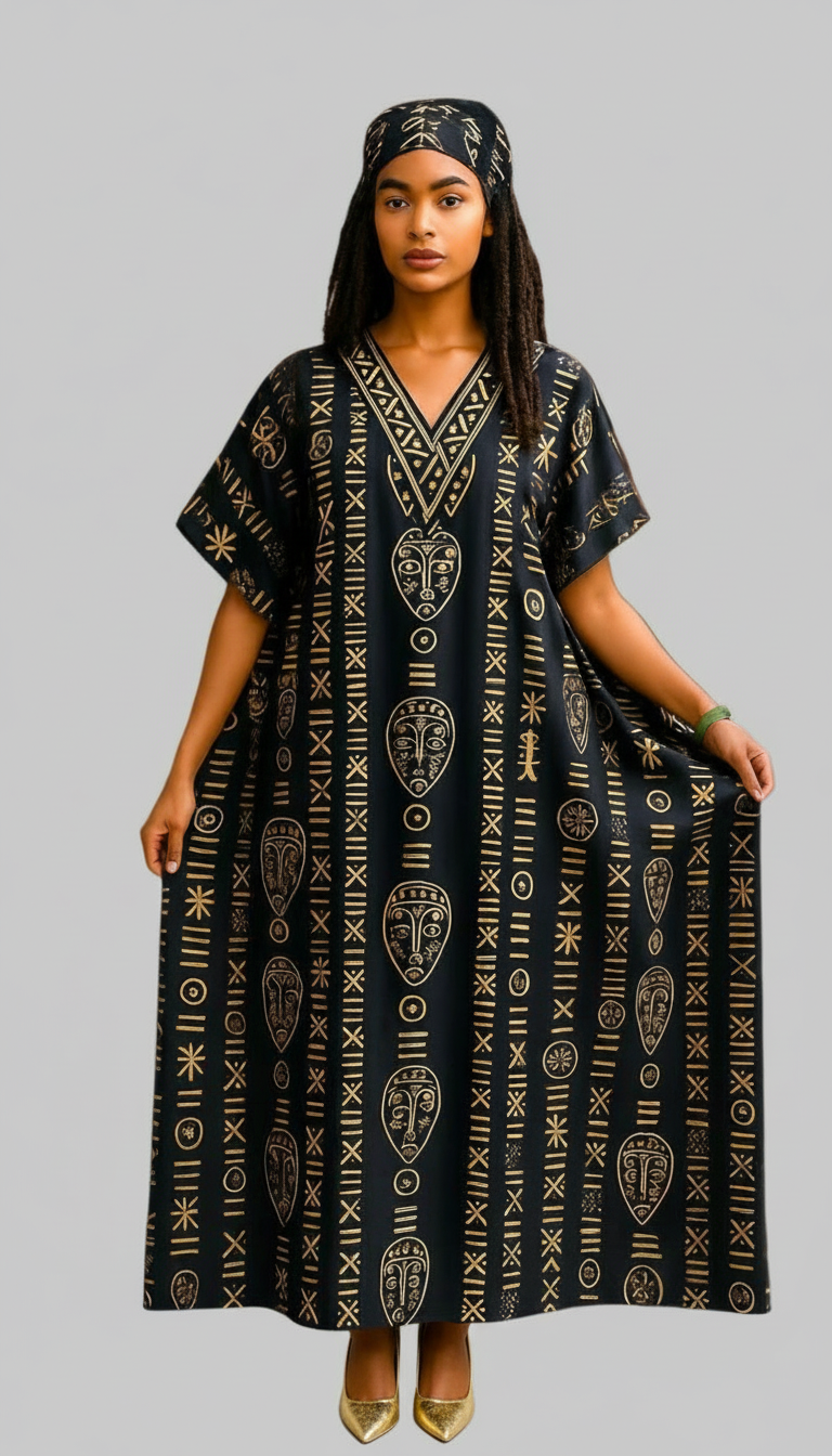 Kaftan Dress / Tribal Print Black/Gold KF02