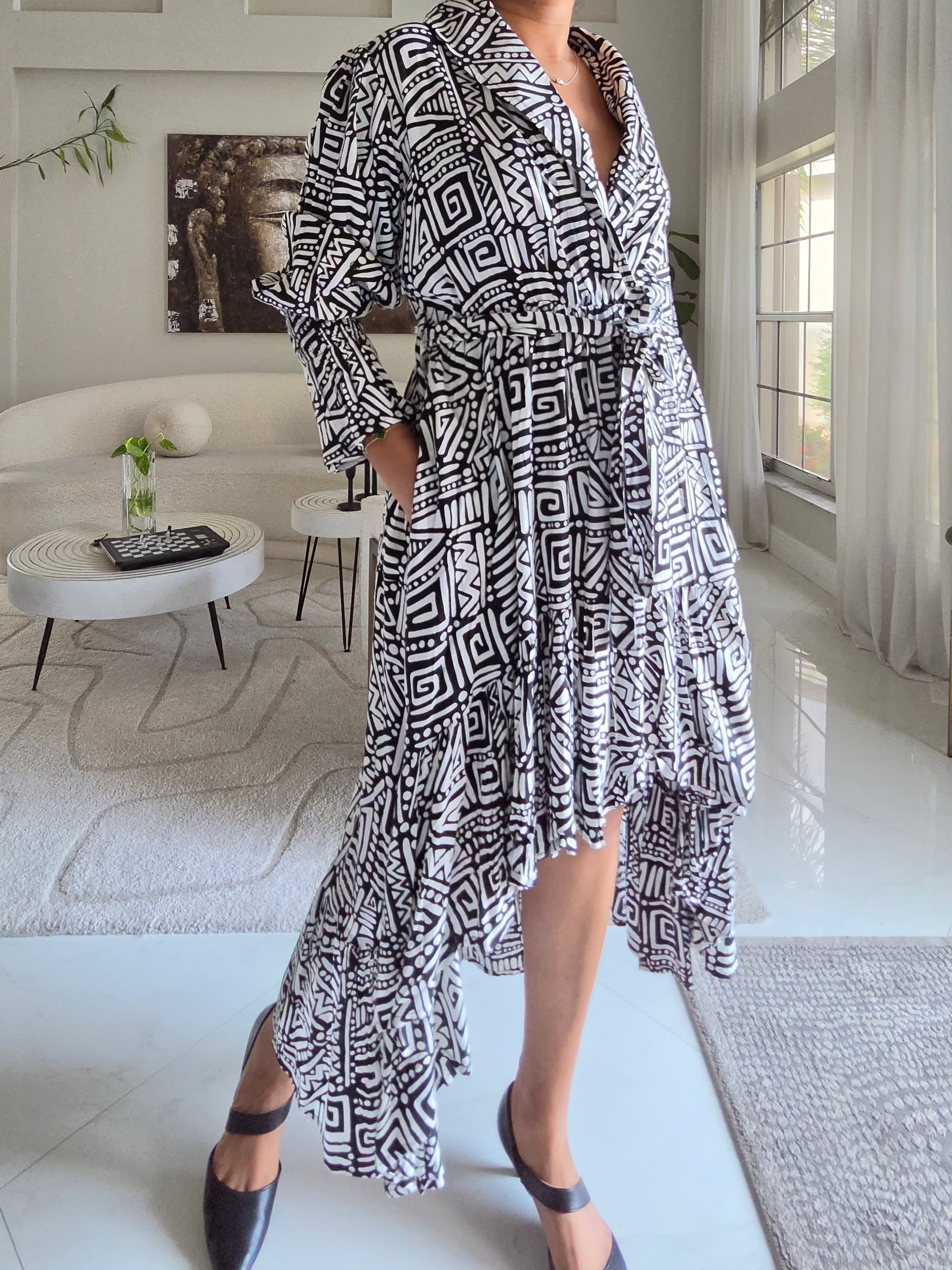 Monochrome Geometric High-Low Dress - 7632R