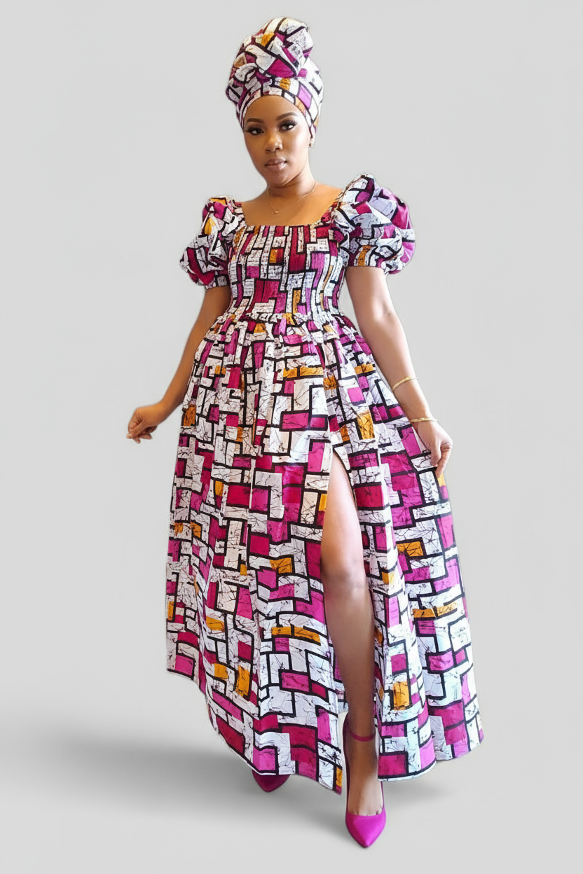 Maxi Slit Dress with Hat & Scarf Set SD01 Pink