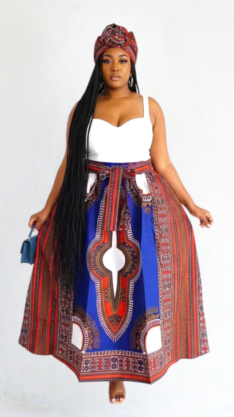 Women Long Dashiki Print Skirt - 6011D Blue/Red