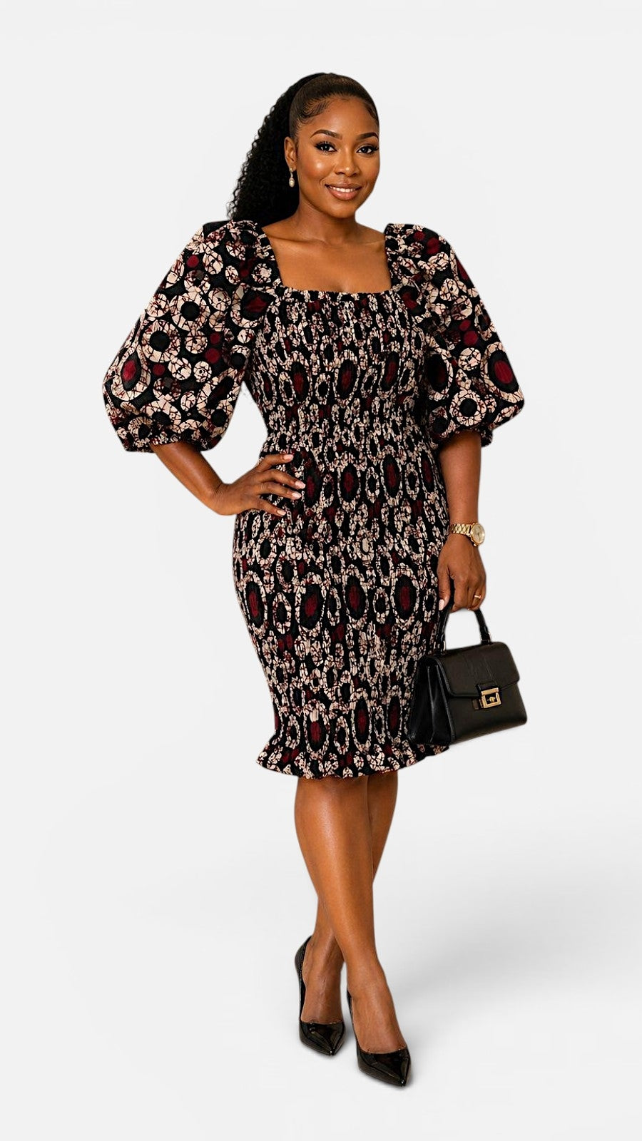 Fitted Smock Mid length Dress/-KVZ35 Brown