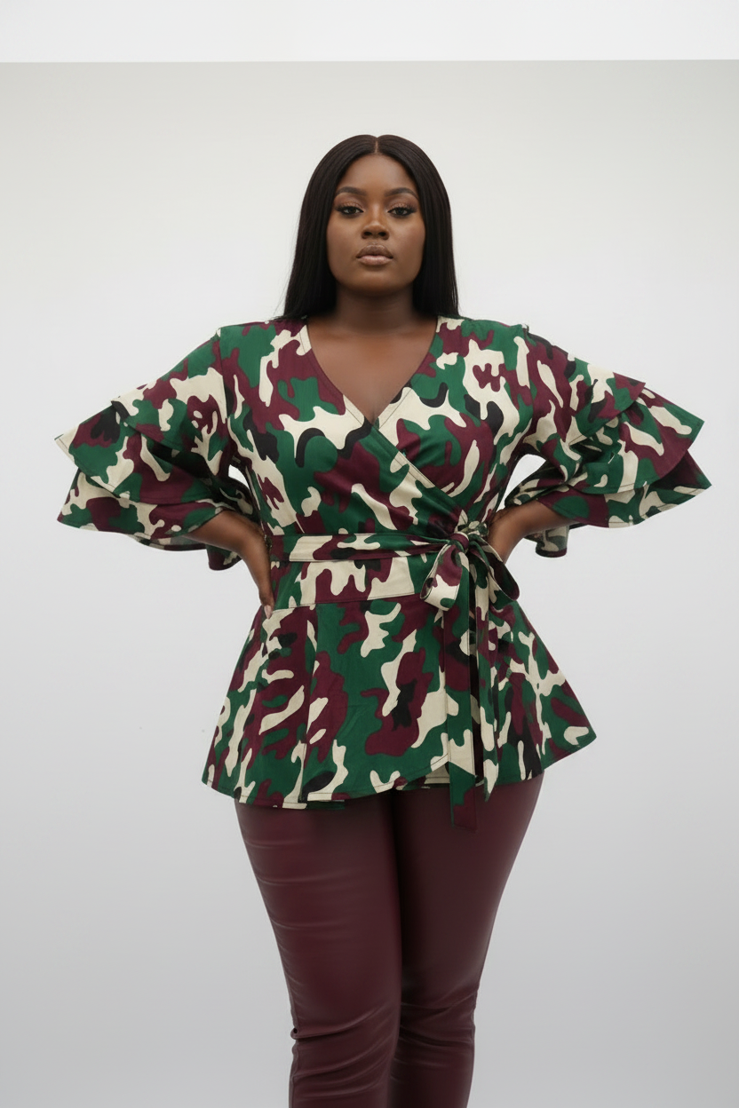 1203 - Wrap Blouse/ Army Print / Burgundy