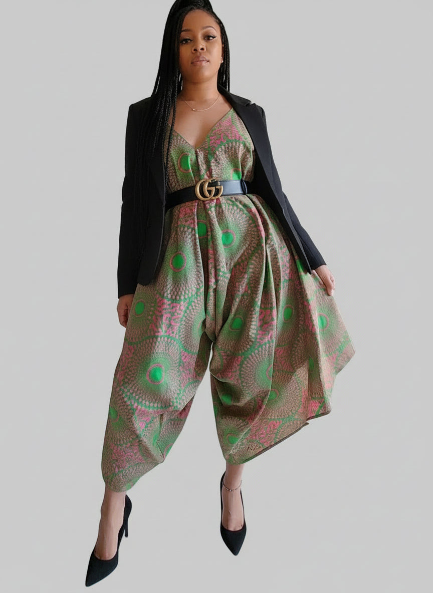 Harem Romper / Jumpsuit -Green/Pink 9003