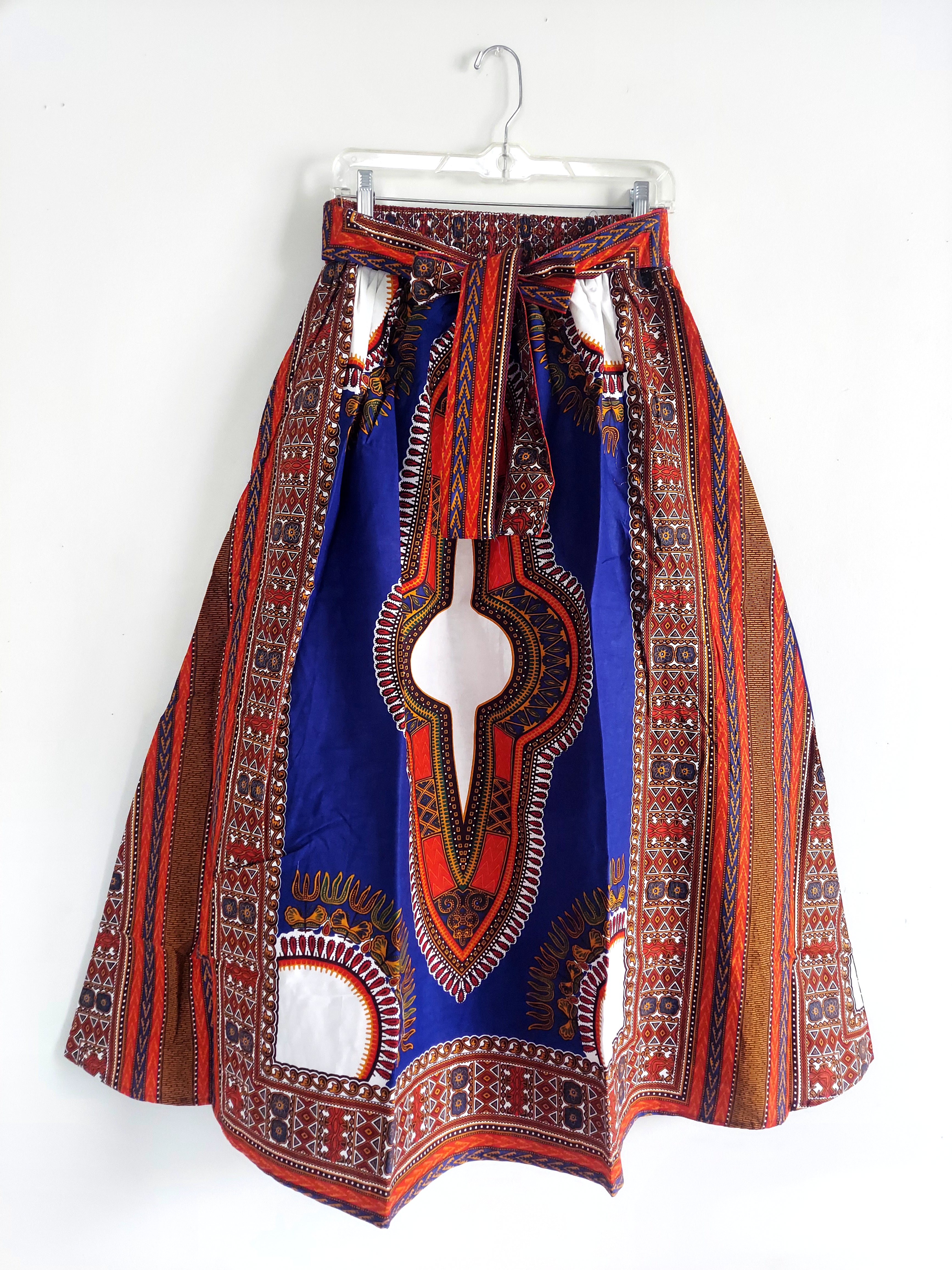 Women Long Dashiki Print Skirt - 6011D Blue/Red