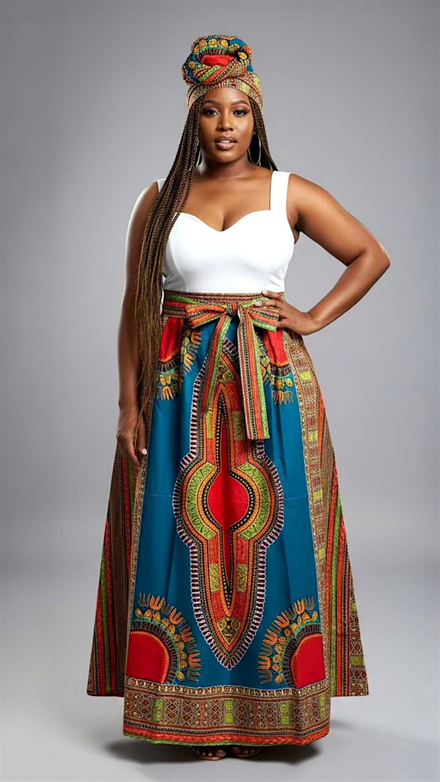 Women Long Dashiki Print Skirt - 6011D Teal/Red