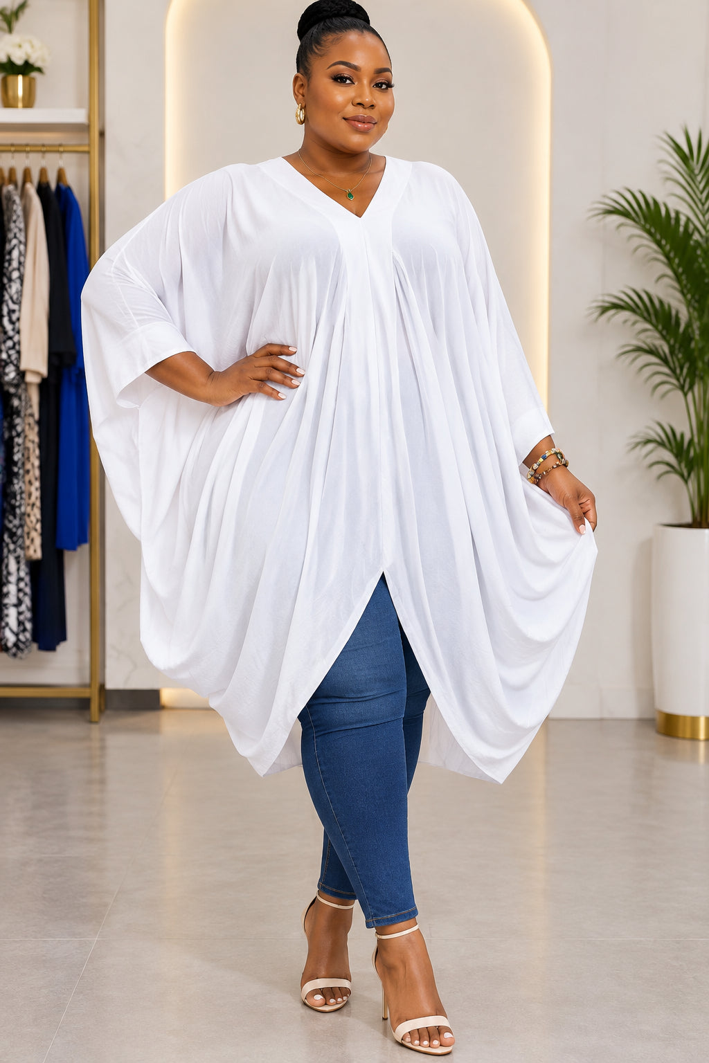White Jersey Caftan Dress | Pleated V-Neck Resort Bubu AA18809