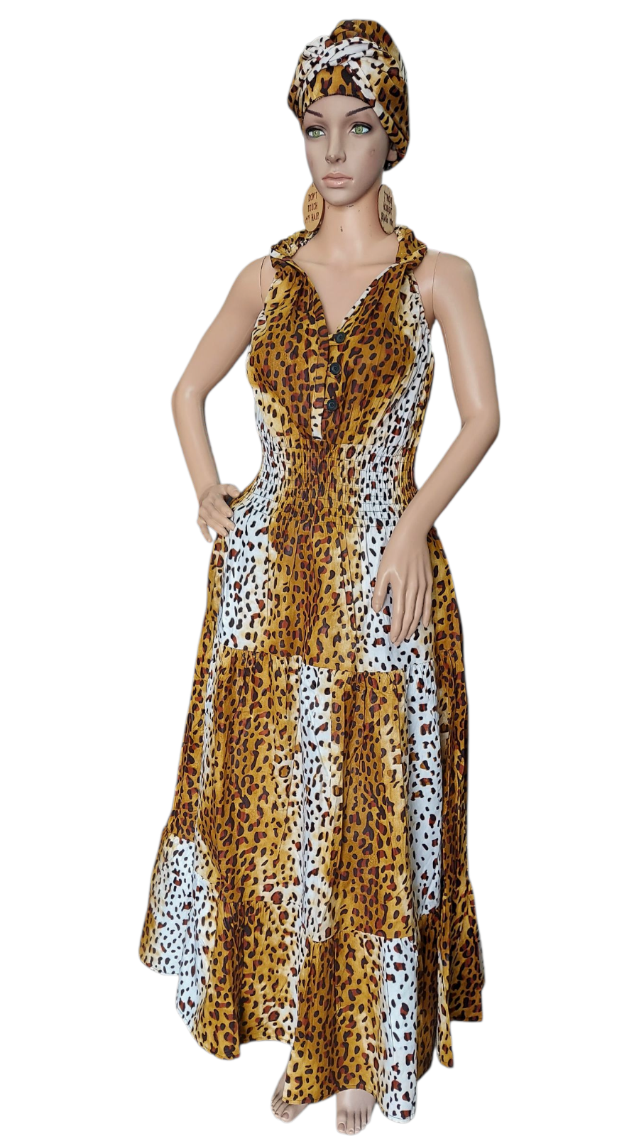 Smocked Halter Dress With Scarf Tan Animal- 3028L