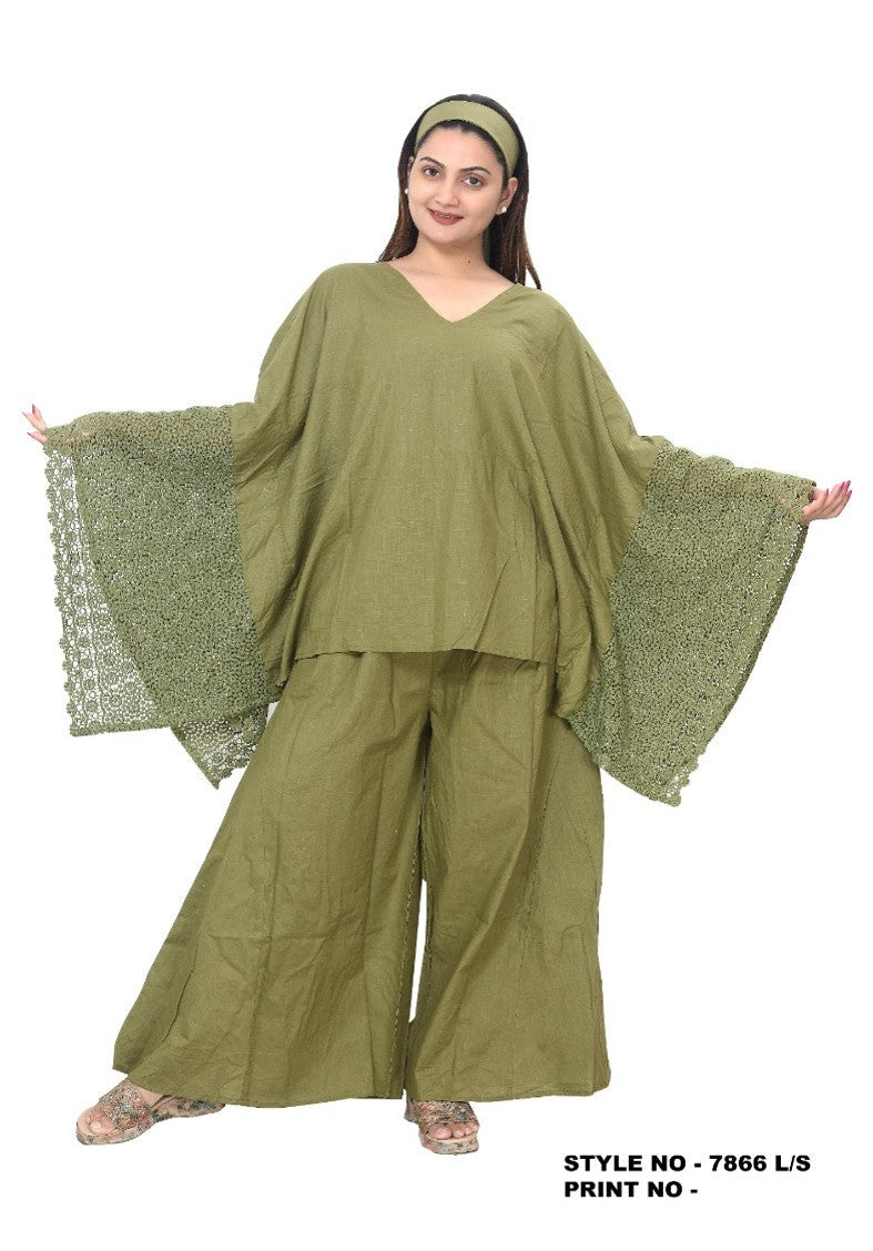 Linen Set/  Pant & Crocket  Blouse Set - 7866 Olive
