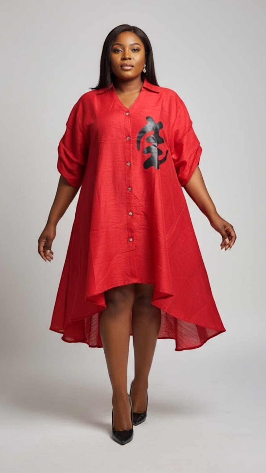 Swing Dress/ Faux Silk/ Ruffle Sleeve With Gyname Decal 758G Red