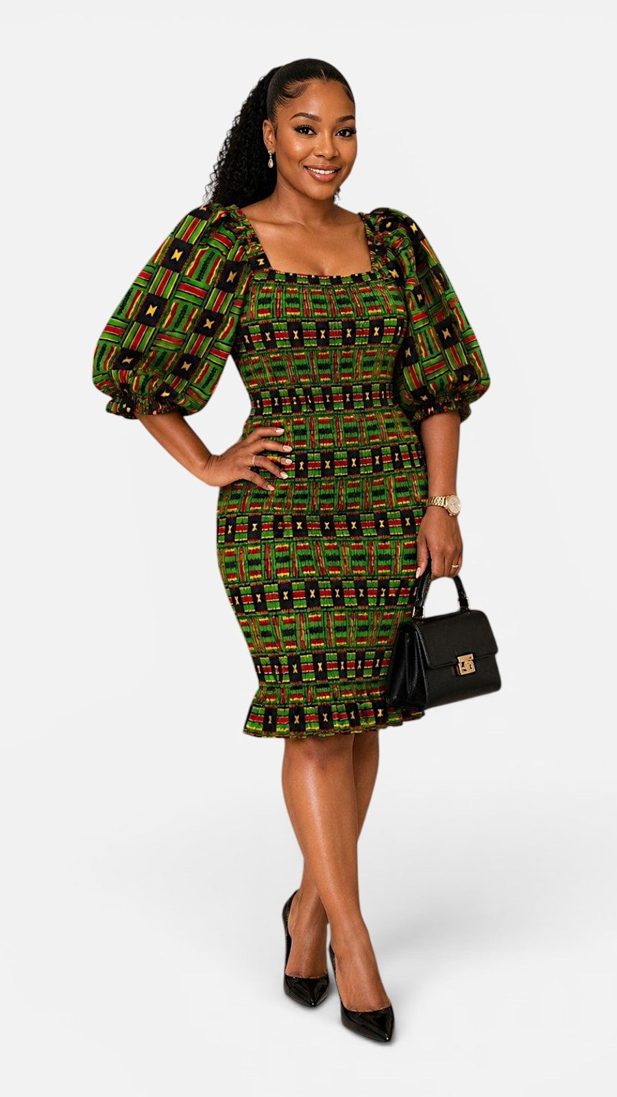 Fitted Smock Mid length Dress/ Puff Sleeve- KVZ35 Green