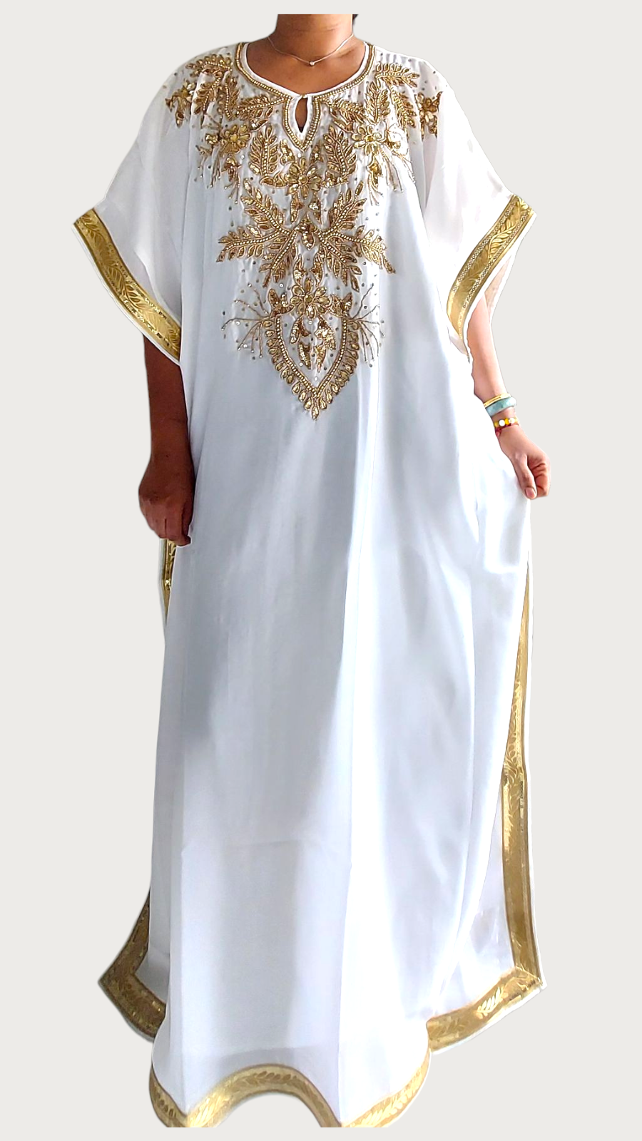 Beaded kaftan Dress & Scarf - KVZ White/Gold