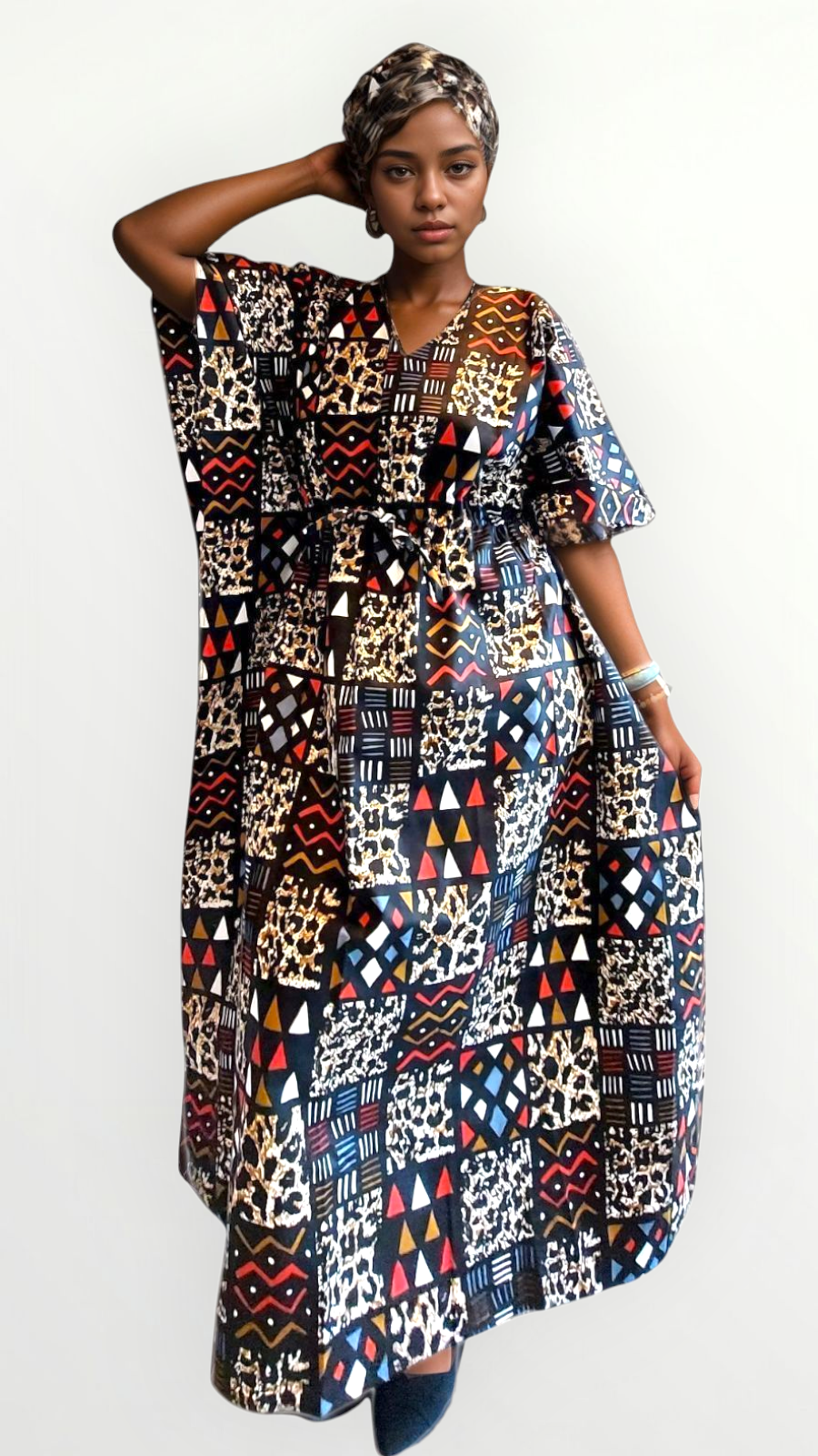 Cotton Ankara Print Kaftan Dress - 9000 Brown