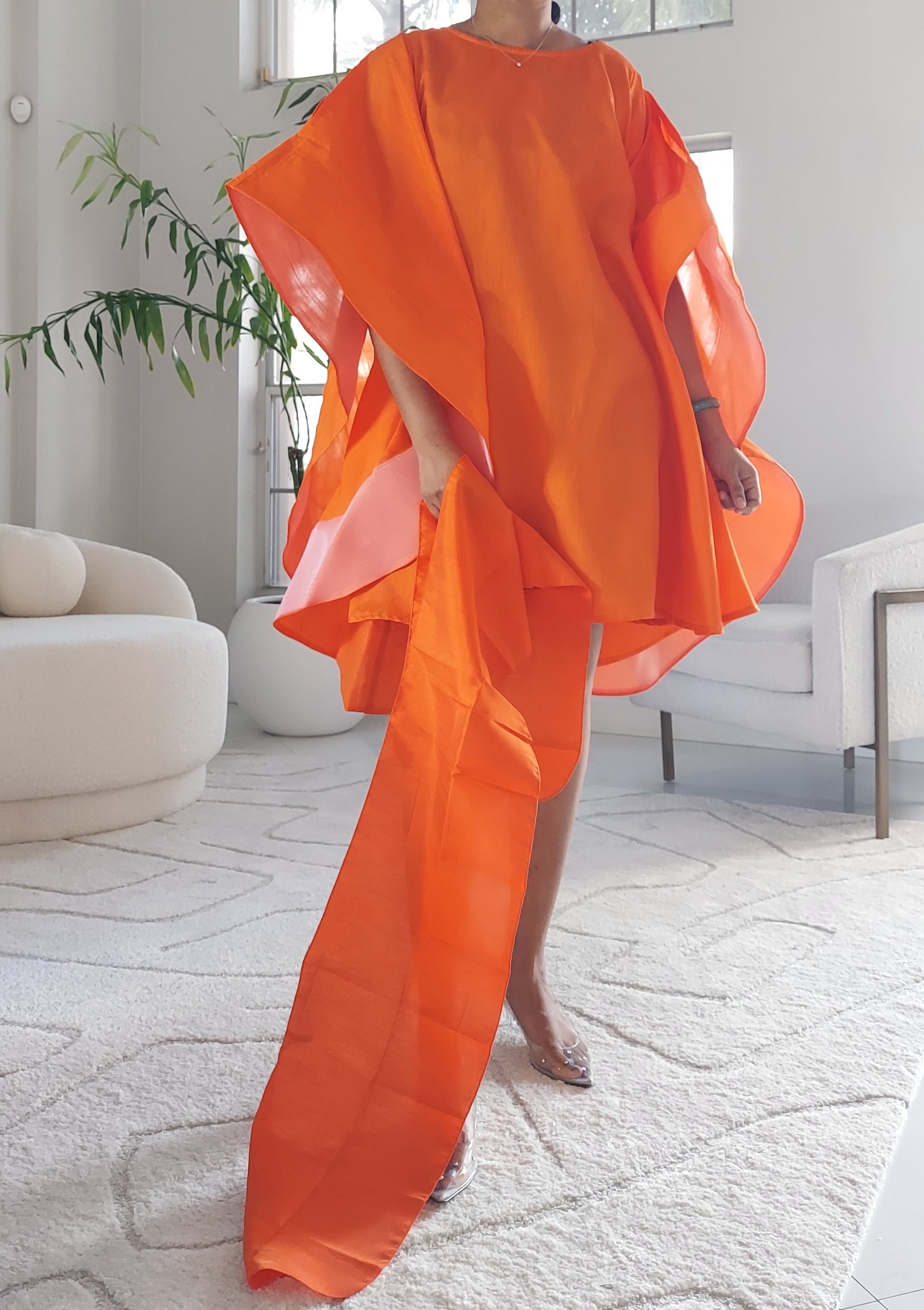 Wing Dress/Faux Silk/Poncho Dress/ Wing Sleeves-25032 Orange