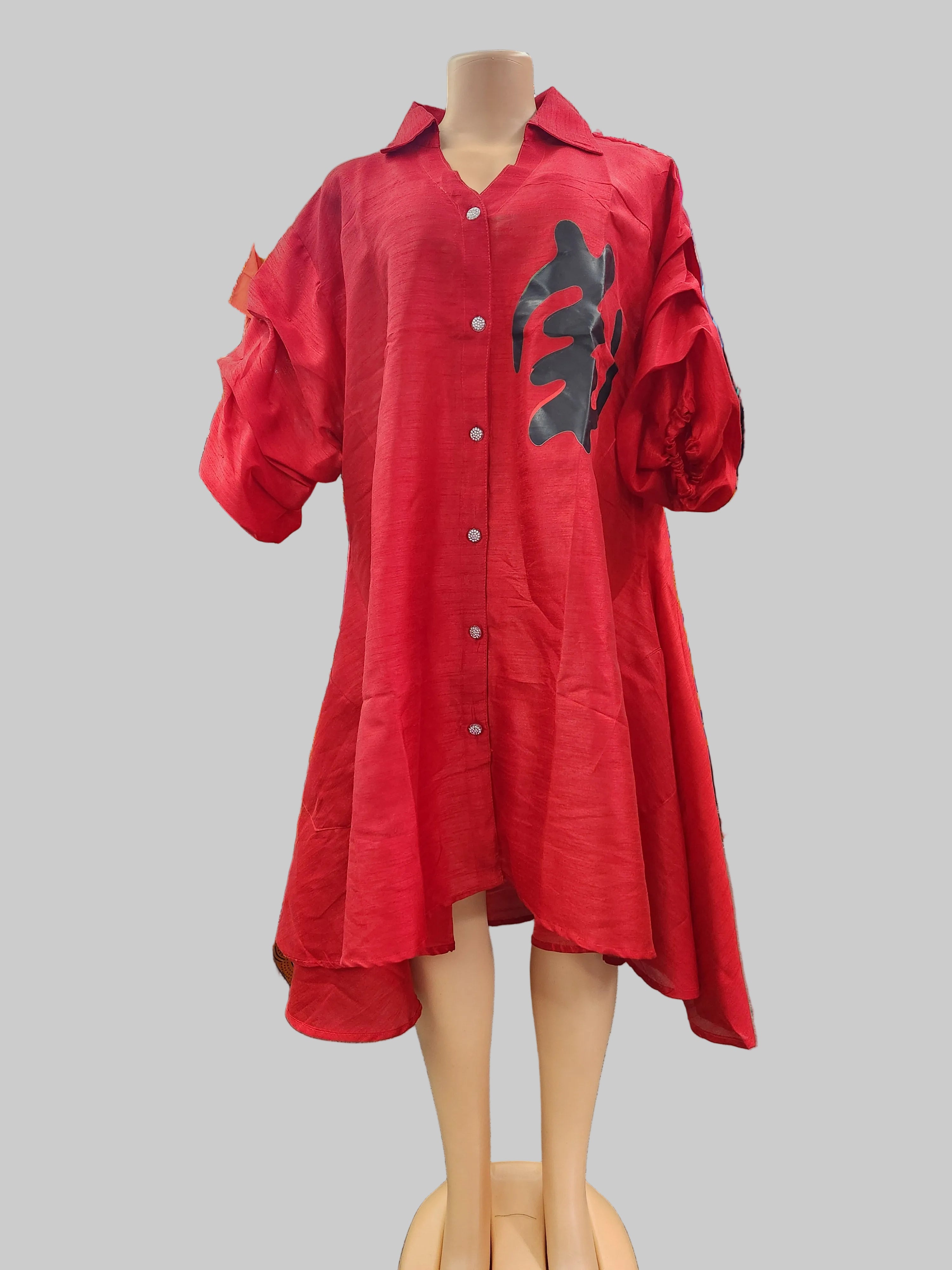 Swing Dress/ Faux Silk/ Ruffle Sleeve With Gyname Decal 758G Red
