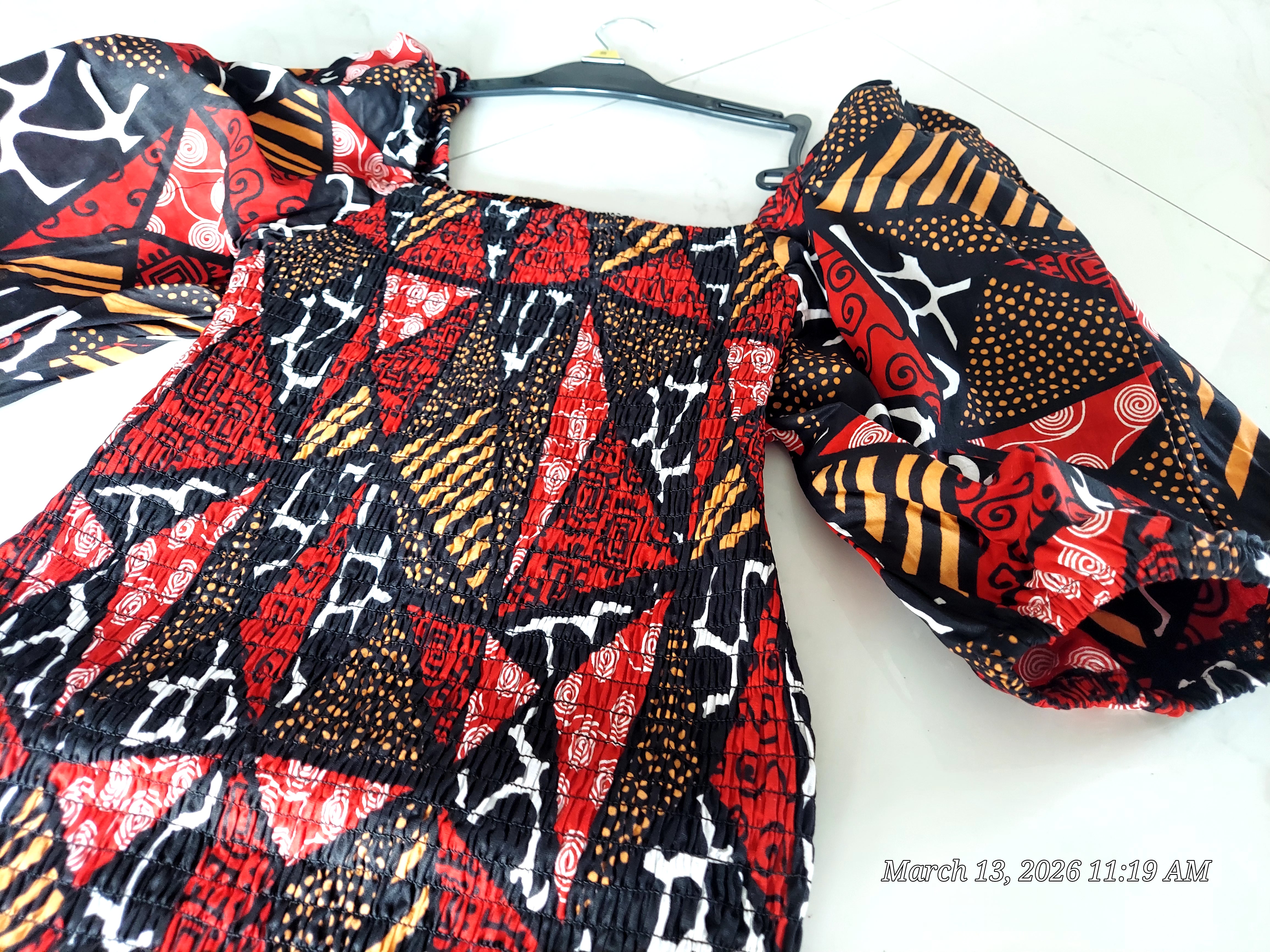 Fitted Smock Mid length Dress/ Puff Sleeve-KVZ35 Red Mosaic