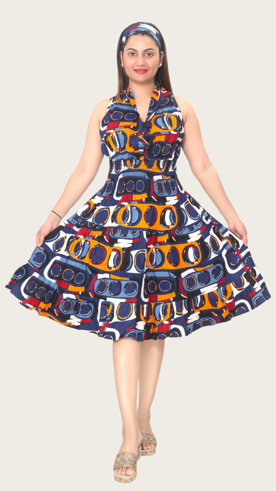 5006 - Woman's Mid-Length Smock Dress With Scarf