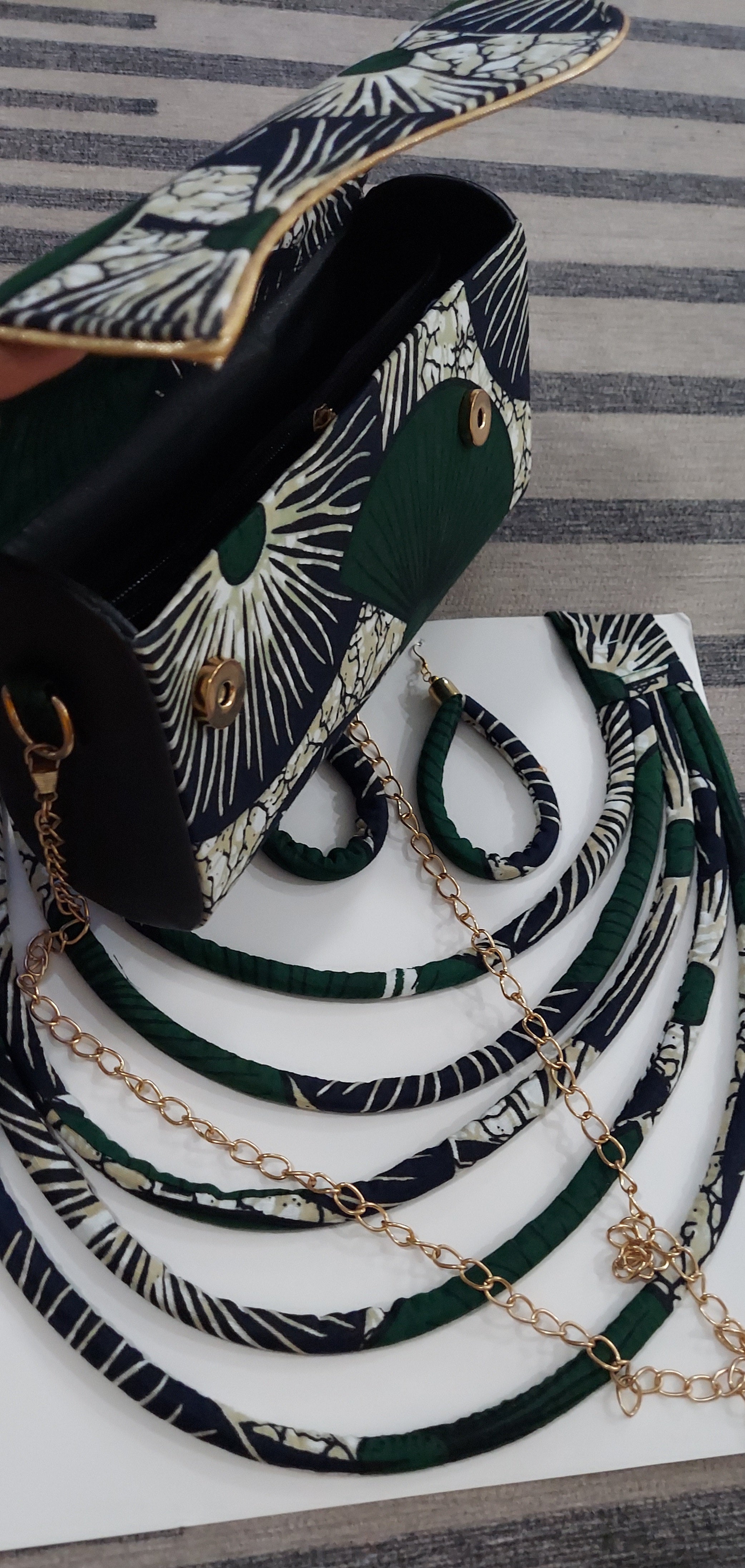 Clutch Bag & Rope  Necklace Set /African Kente /Ankara 23 Green