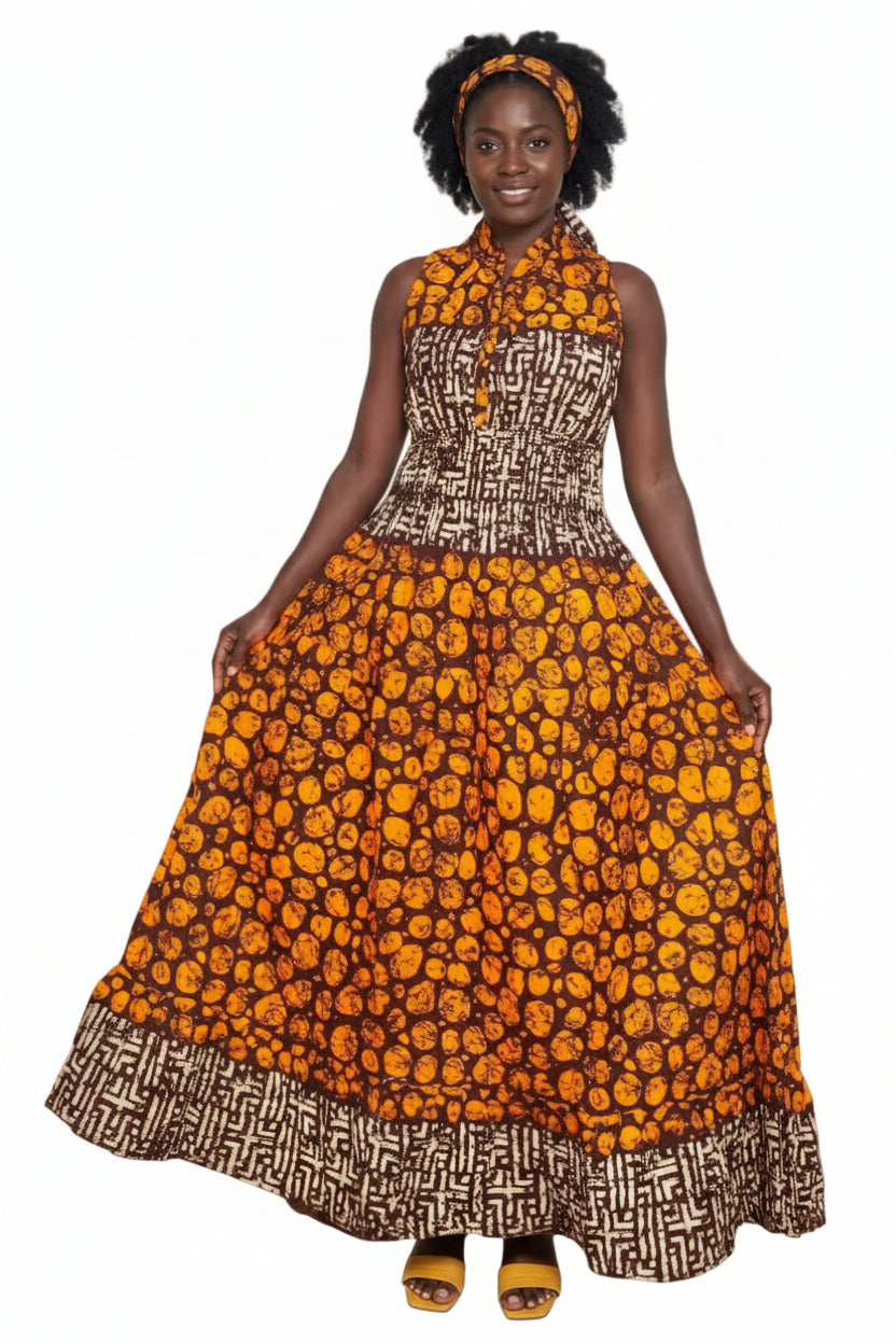 5005 Smocked Dress With Scarf Print 692
