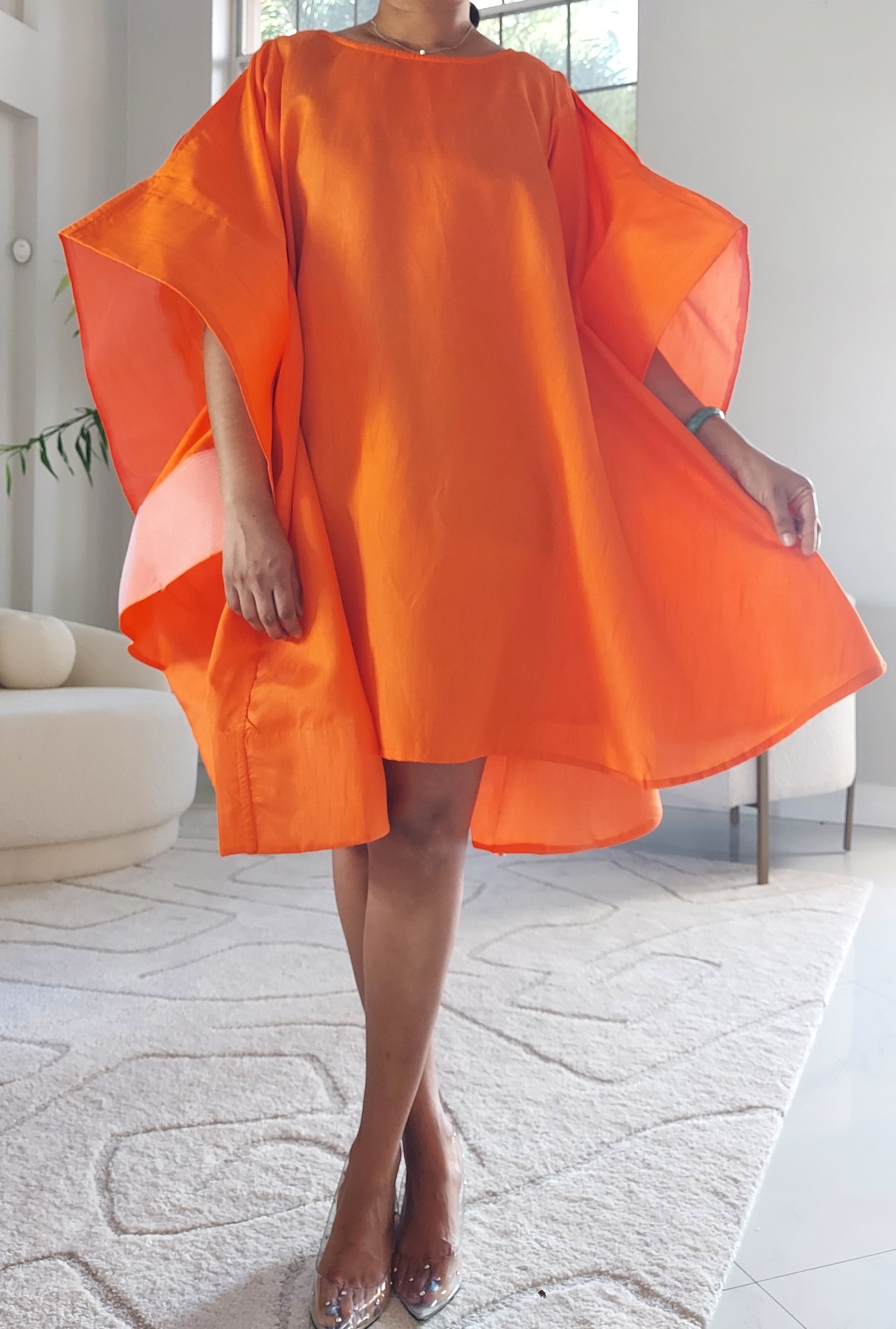 Wing Dress/Faux Silk/Poncho Dress/ Wing Sleeves-25032 Orange