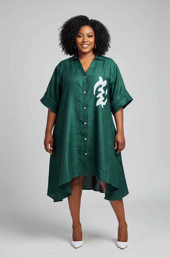 Swing Dress/ Faux Silk/ Ruffle Sleeve With Gyname Decal 758G Hunter Green