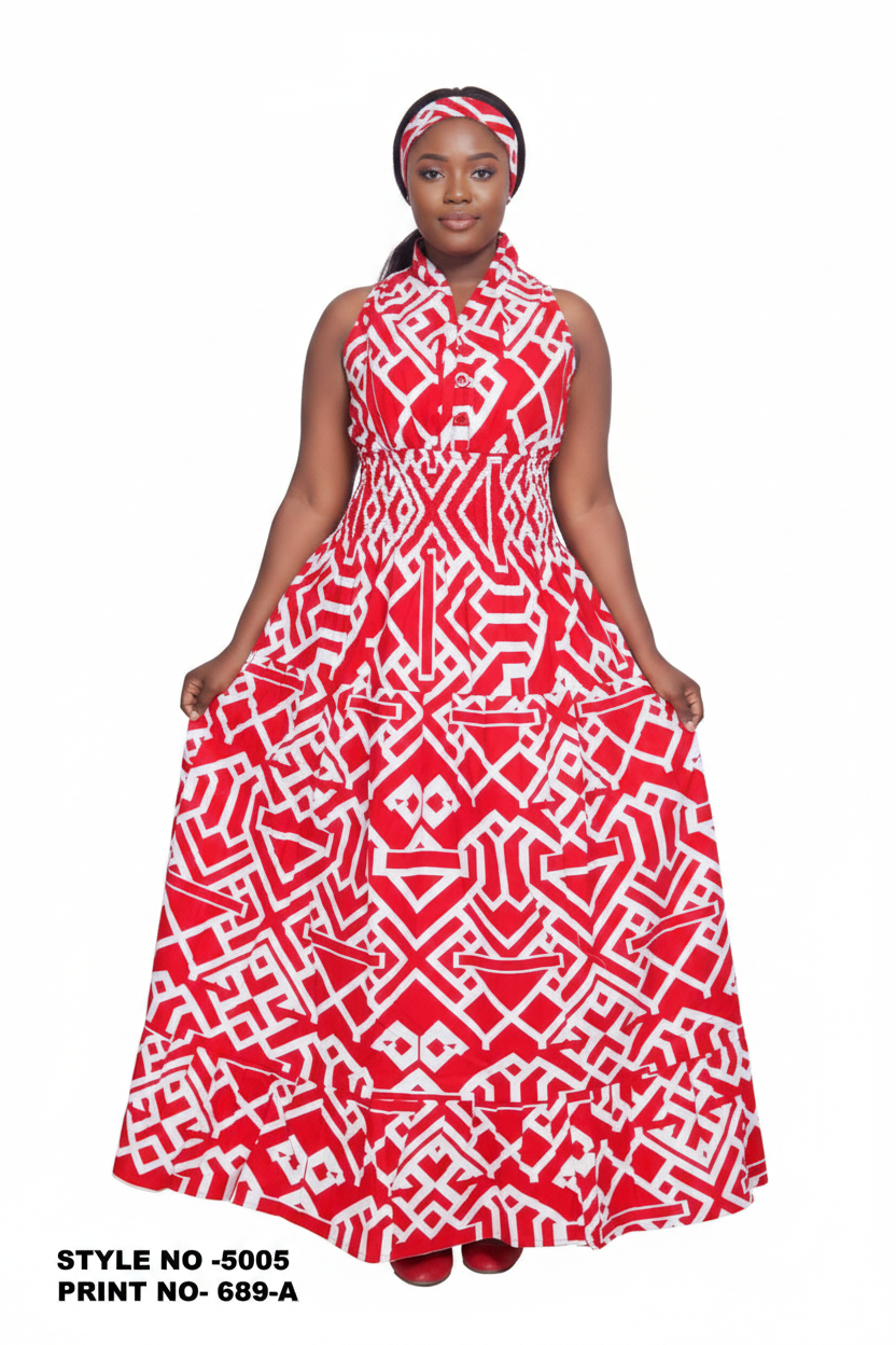 Long Smocked Dress With Scarf 5005 - 689A