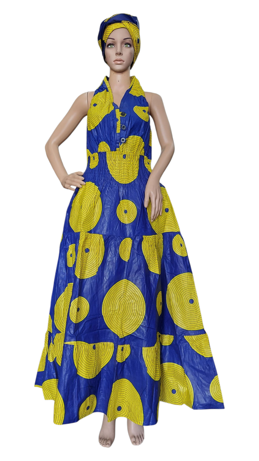 Smocked Halter Dress With Scarf Yellow Circle - 3028L