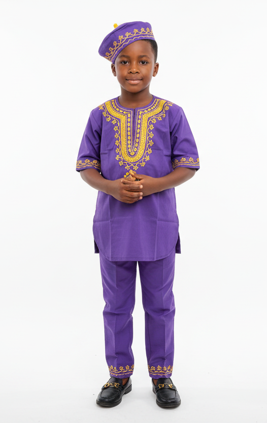 Boys 3 Pcs Embroidery Set/ Pant/Tunic/Kufi Hat 111 Purple