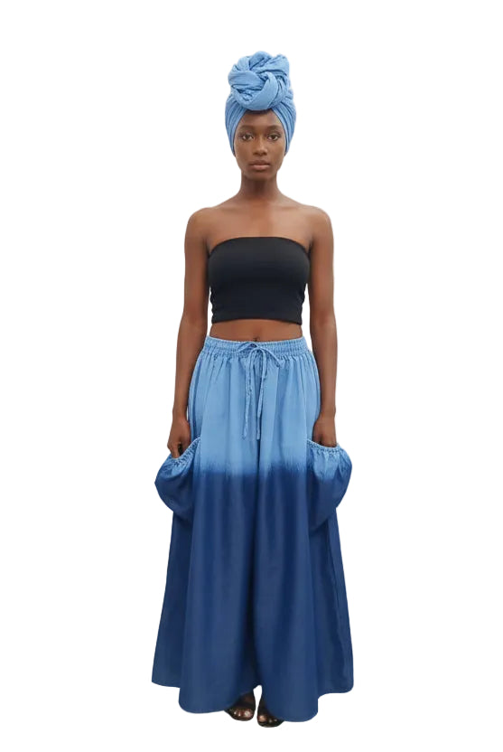 Denim two tone Big Pocket Maxi Skirt ES50