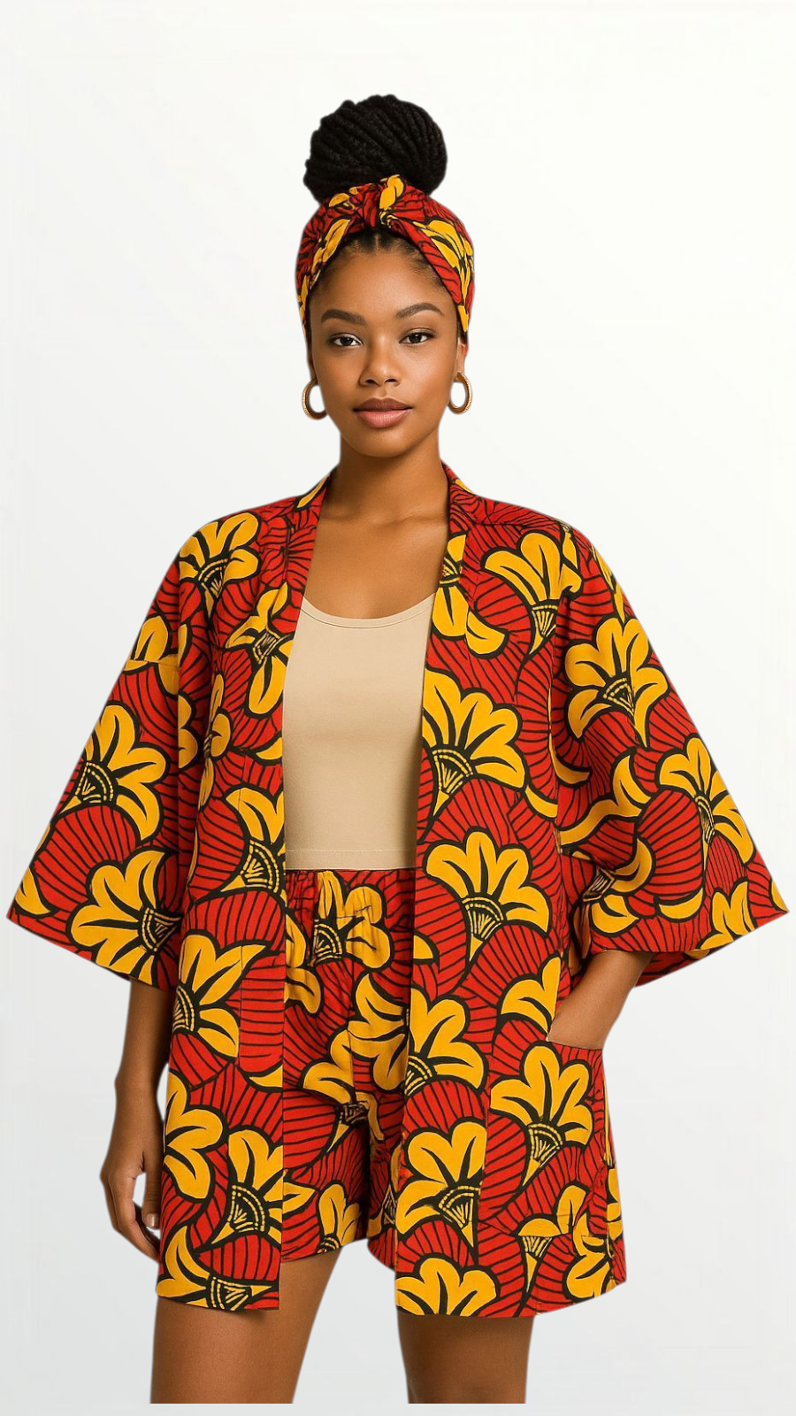 Kimono Shorts Set / Shorts & Kimono / Ankara Print 012 Red/Yellow