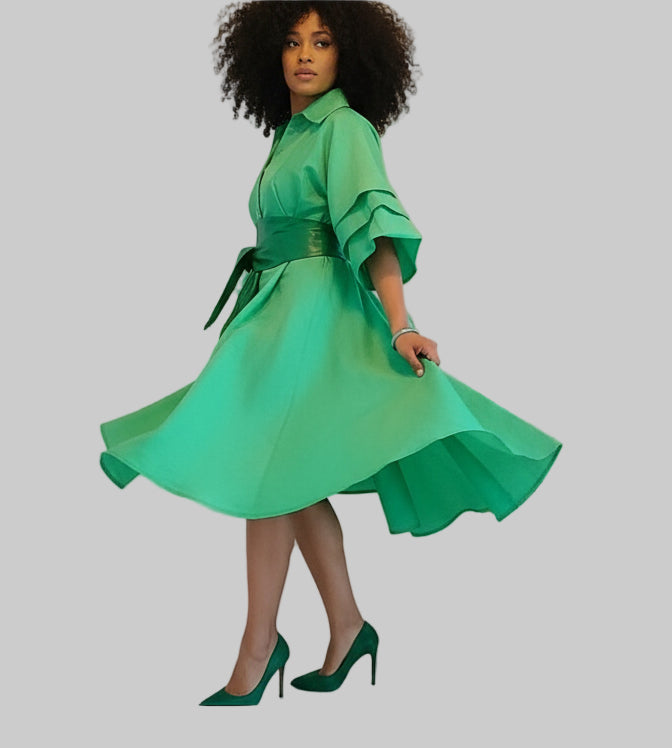 Swing Dress/ Faux Silk/ Ruffle Sleeve - 25013 Green