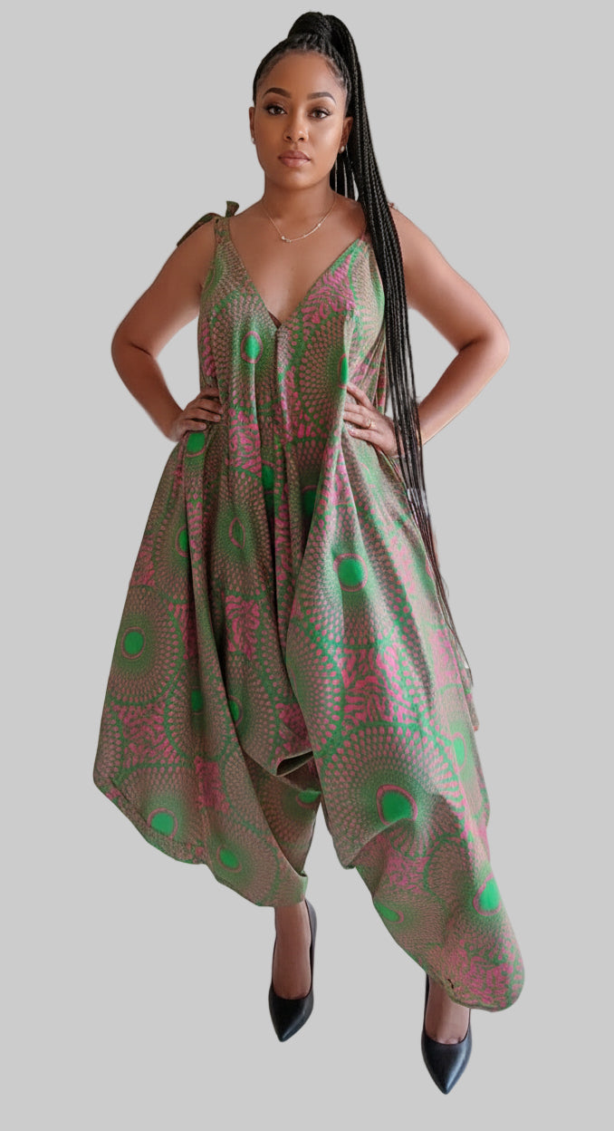 Harem Romper / Jumpsuit -Green/Pink 9003