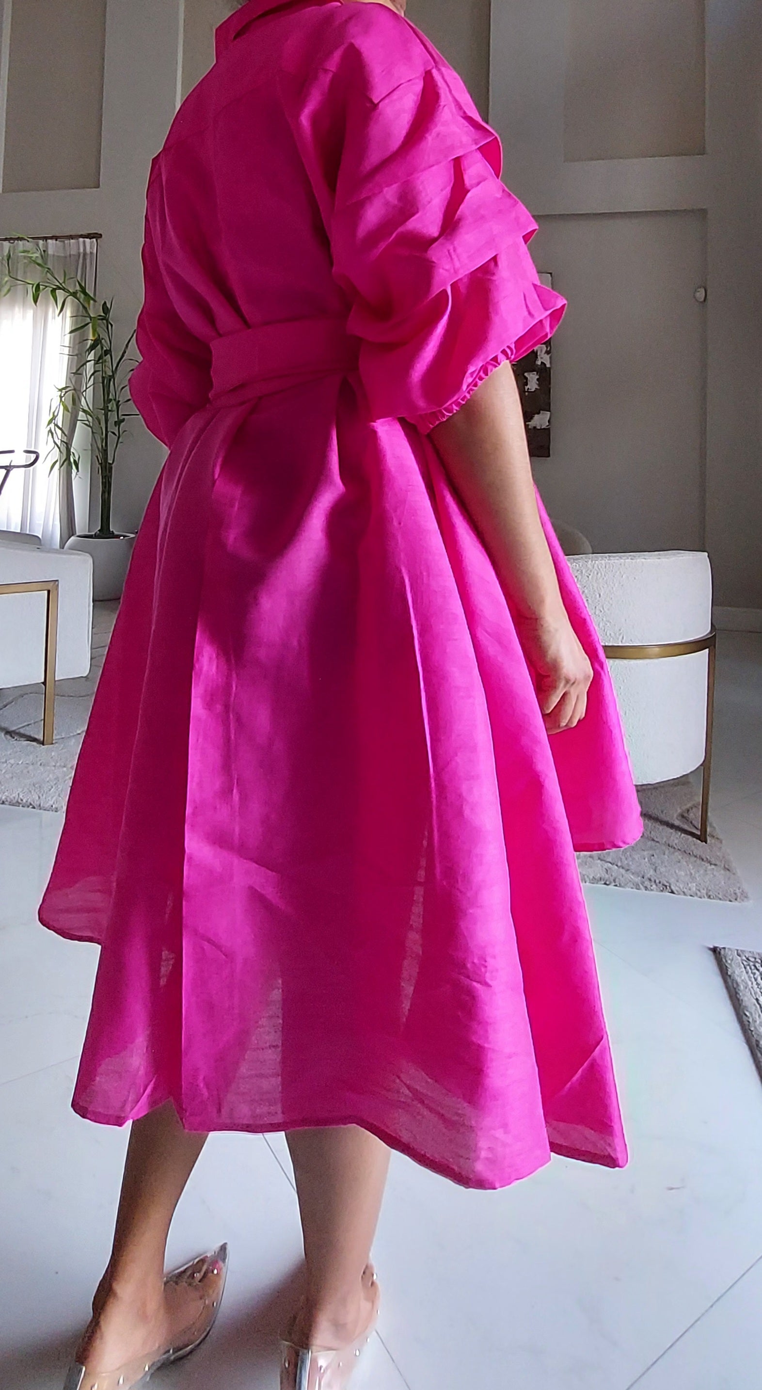 Swing Dress/ Faux Silk/ Ruffle Sleeve - 758 Bright Pink