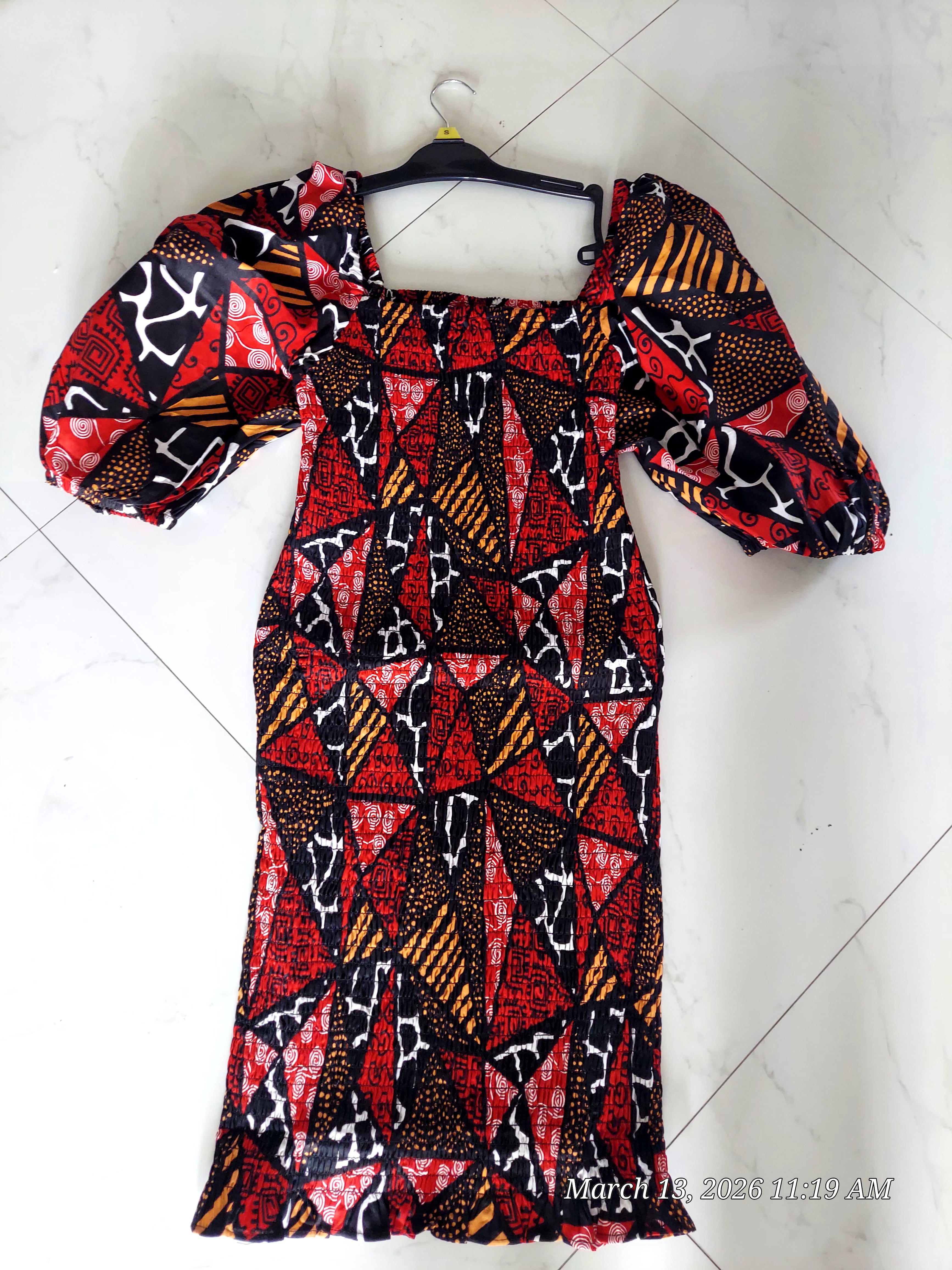 Fitted Smock Mid length Dress/ Puff Sleeve-KVZ35 Red Mosaic