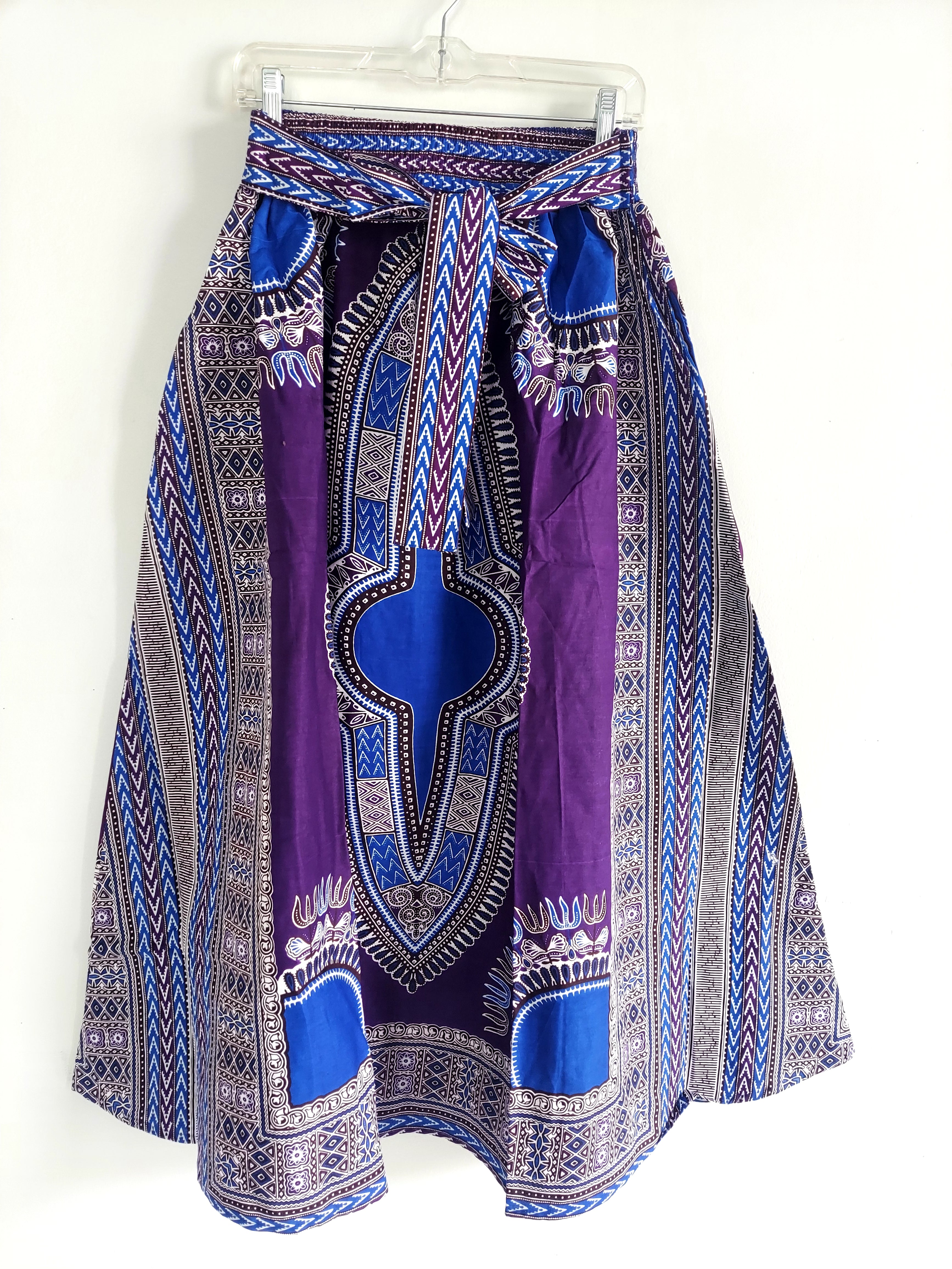 Women Long Dashiki Print Skirt - 6011D Purple/Blue
