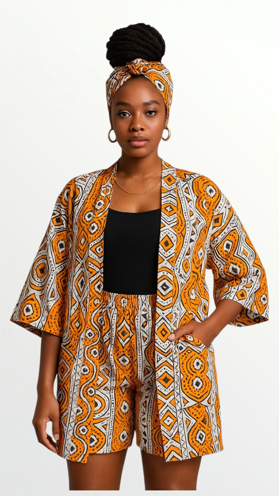 Kimono Shorts Set / Shorts & Kimono / Ankara Print 012 White/Orange